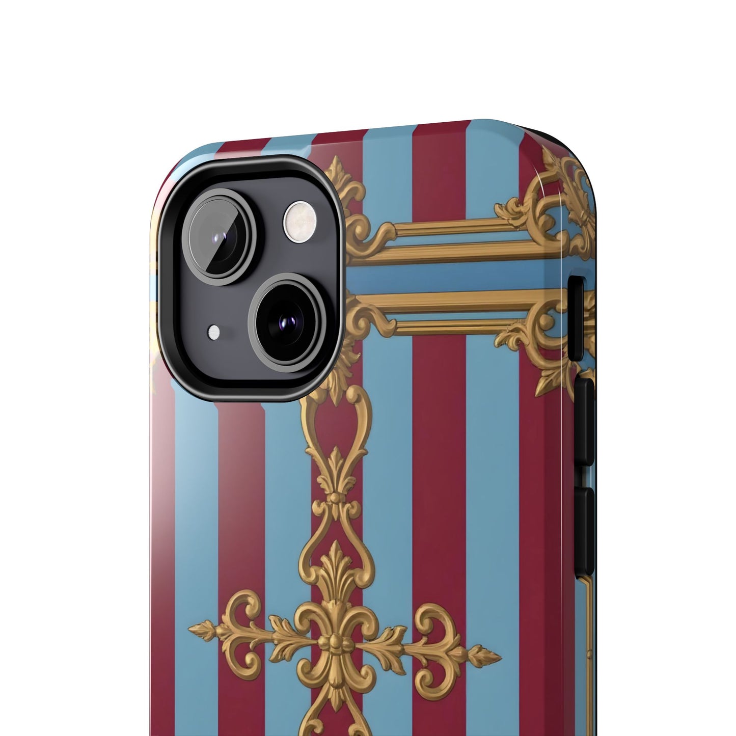 Elegant Patterned Tough Phone Cases, Stylish Phone Cover, Durable Phone Protection, Unique Gift Idea - Sky Blue & Maroon Striped Baroque