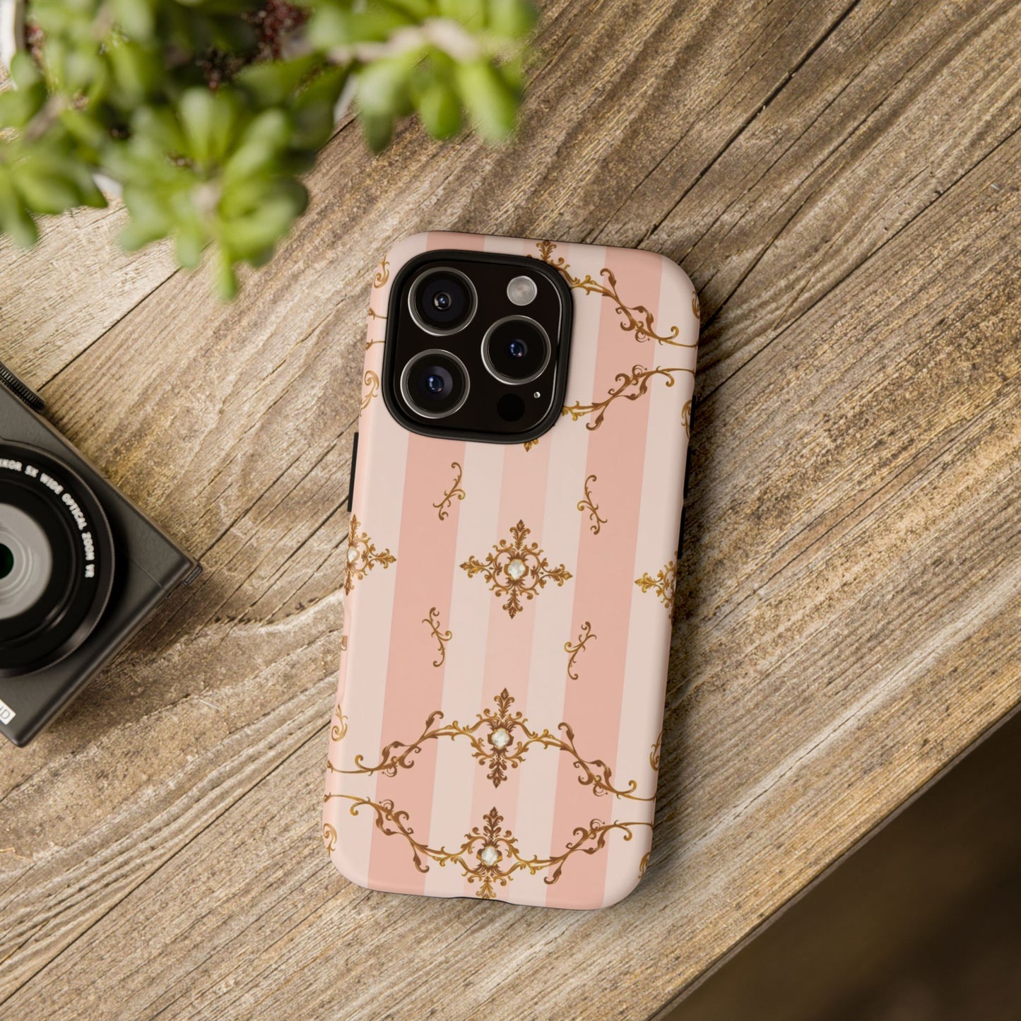 Elegant Floral Phone Case, Tough Cases for Women, Trendy Phone Cover, Chic Gift - Pink Jeweled Striped Gold Baroque