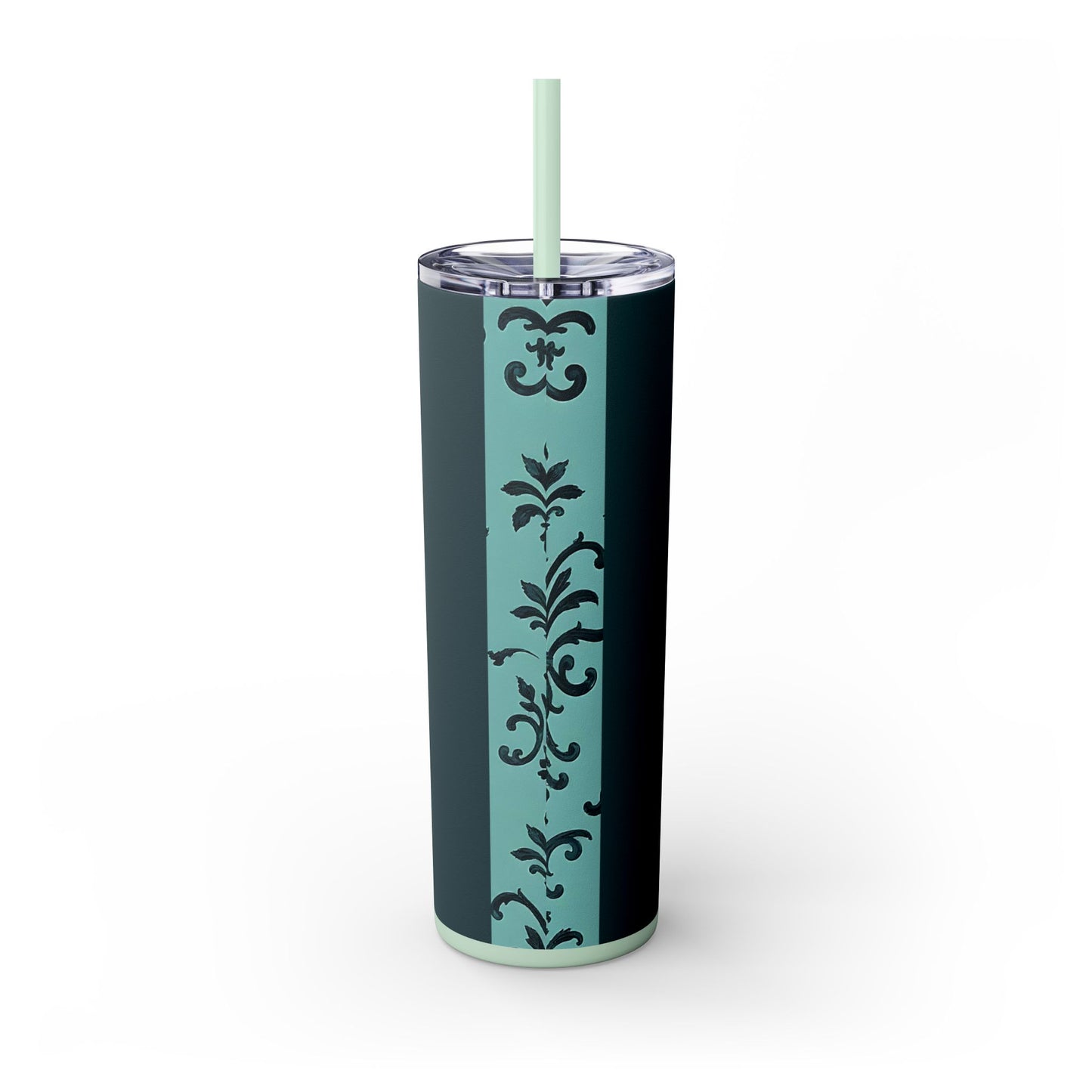 Elegant Floral Skinny Tumbler with Straw, 20oz, Personalized Drinkware, Stylish Travel Mug, Great Gift for Her - Teal Striped Rococo