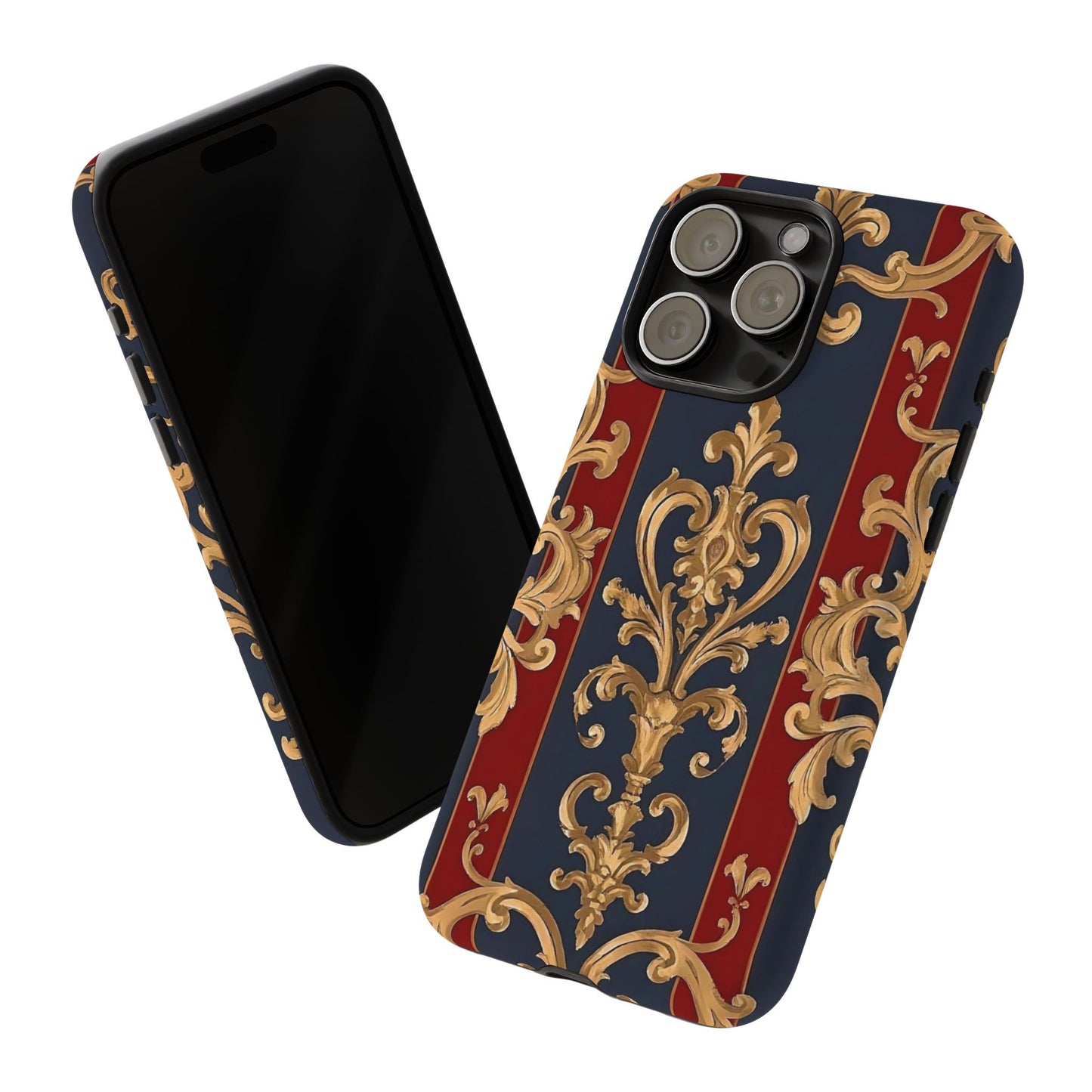 Elegant Floral Motif Phone Case - Tough Cases with Vintage Design - Midnight Blue & Dusk Red Striped Gold Damask