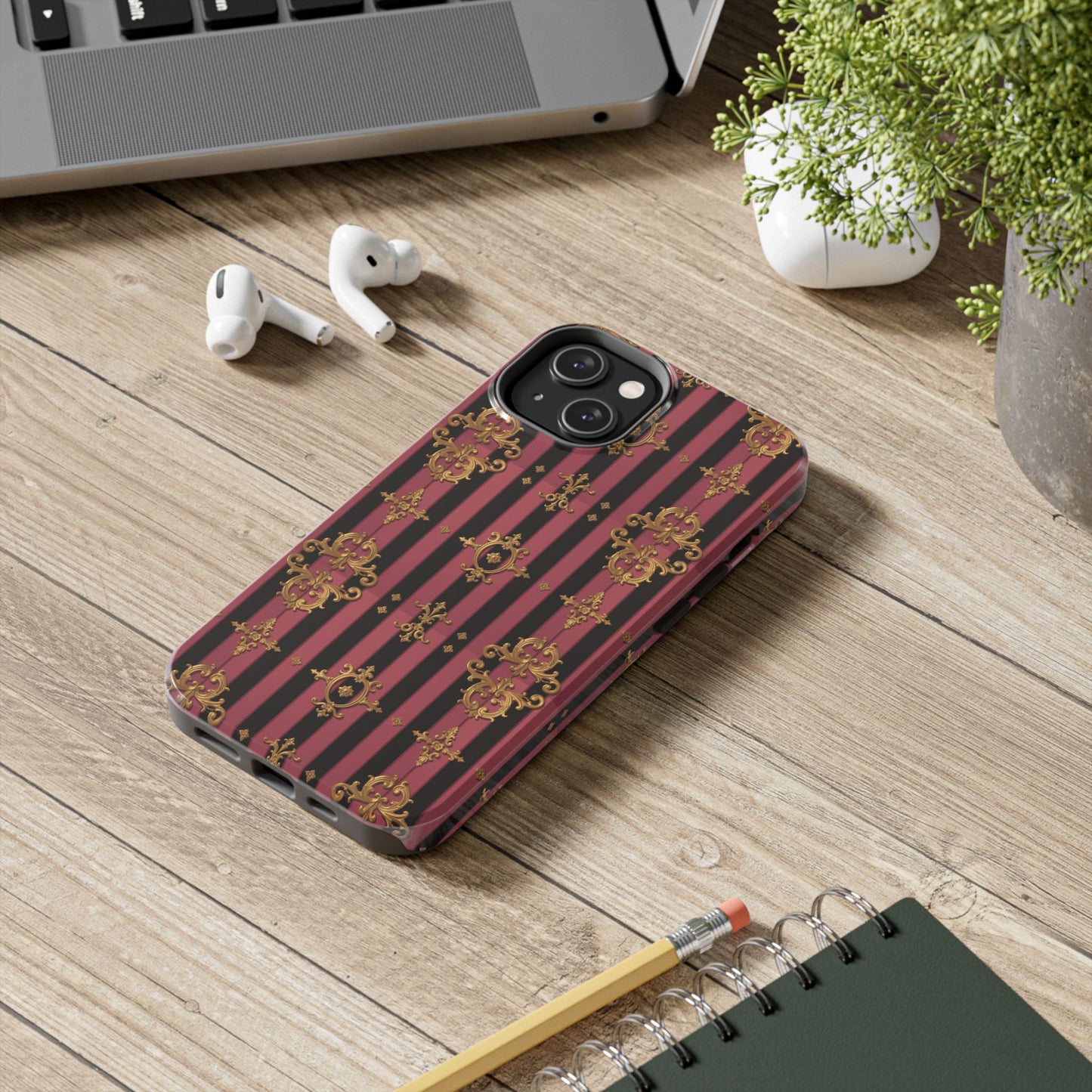 Elegant Black & Mauve Striped Gold Baroque Phone Case, Tough Phone Cases, Stylish Protective Cover, Unique Gift, Luxe Phone Accessories