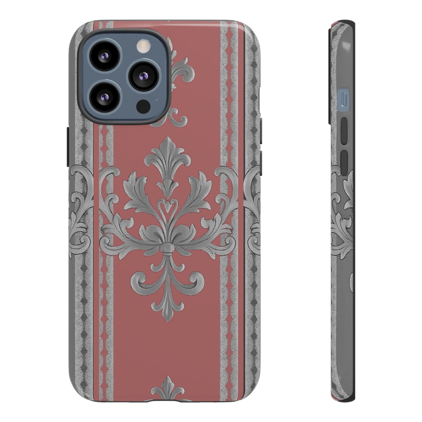 Elegant Floral Phone Case - Tough Cases for Stylish Protection - Gray & Mauve Striped Baroque