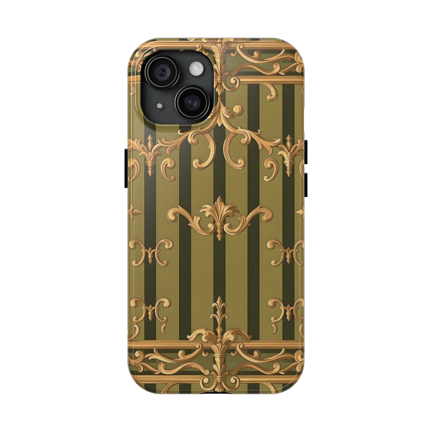 Elegant Vintage Phone Case - Tough Protection with Classy Design, Stylish Phone Cover for Fashion Lovers - Olive Green Striped Rococo