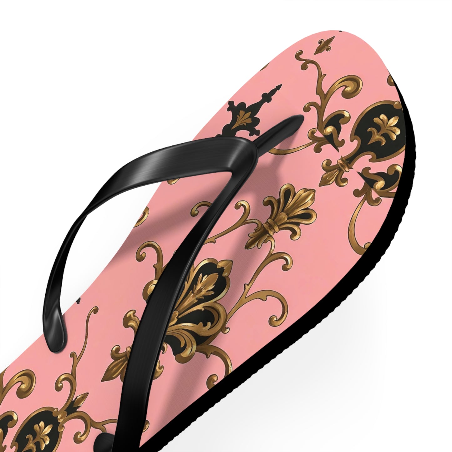 Stylish Flip Flops with Elegant Pink Design, Summer Footwear, Beach Sandals, Vacation Essentials - Pink, Black & Gold Rococo