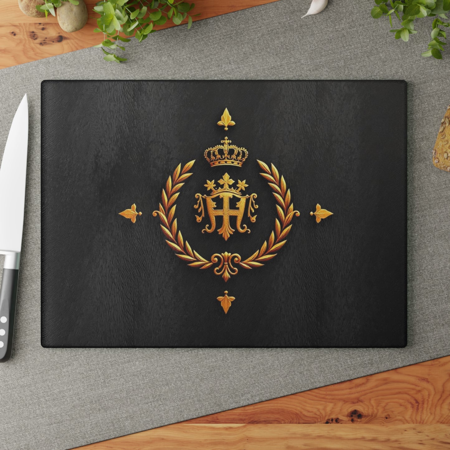 Elegant Glass Cutting Board with Crown and Laurel Design, Kitchen Decor, Gift for Chefs, Housewarming, Weddings - Gold Crest