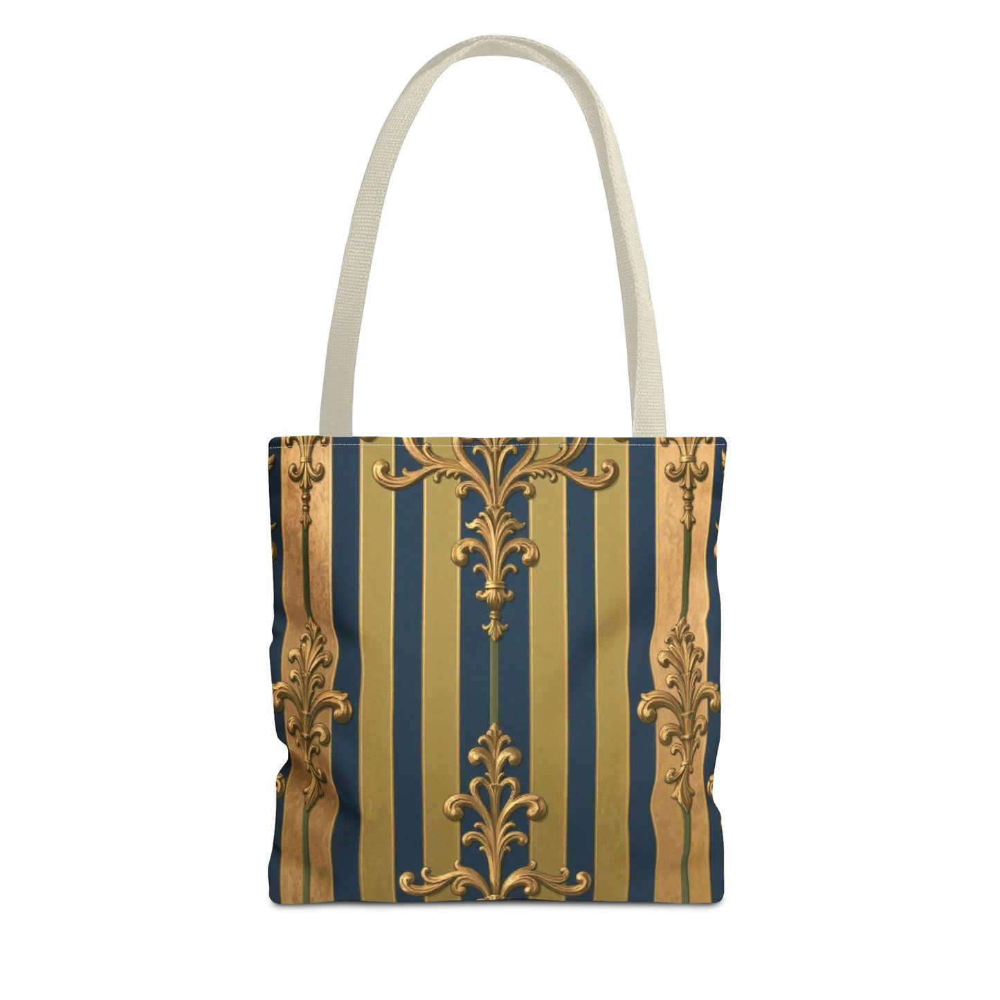 Elegant Midnight Blue & Olive Striped Gold Baroque Golden Striped Tote Bag, Stylish Shopping Bag, Trendy Handbag, Chic Gift for Her