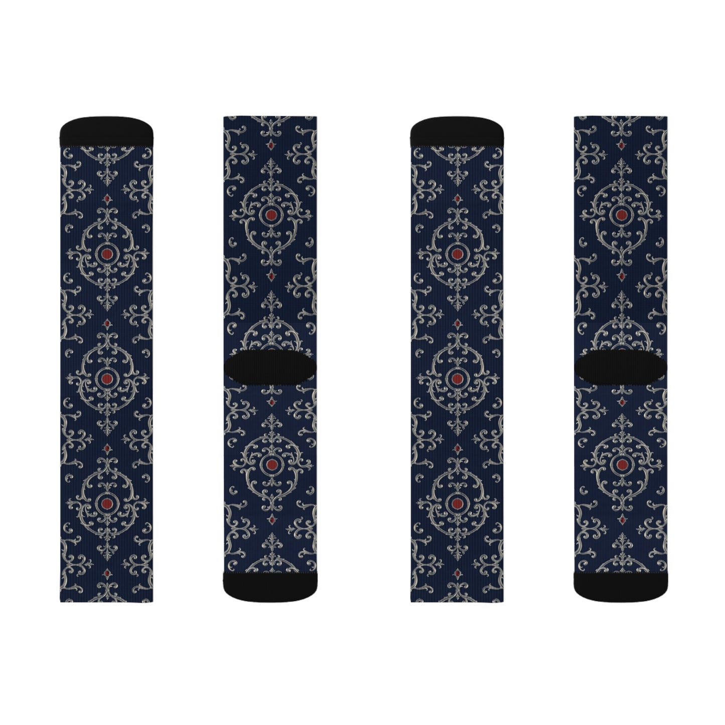 Stylish Sublimation Socks for Everyday Comfort, Unique Gift for Sock Lovers, Cozy Footwear for All Occasions - Blue & Red Striped Silver Baroque