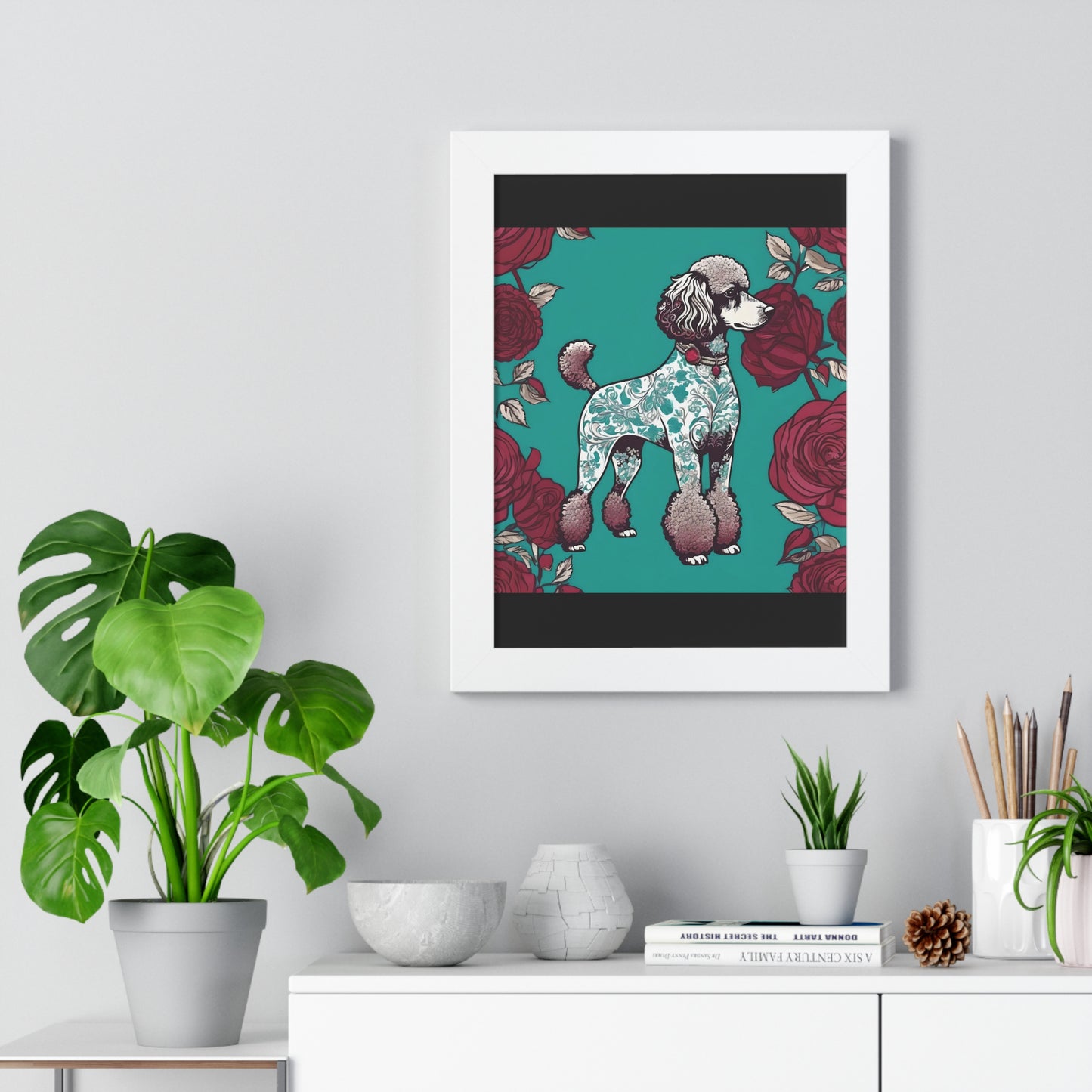 Vertical Poster - Stylish Framed - Art for Home Decor - Damask Aqua & White Poodle With Burgundy Roses