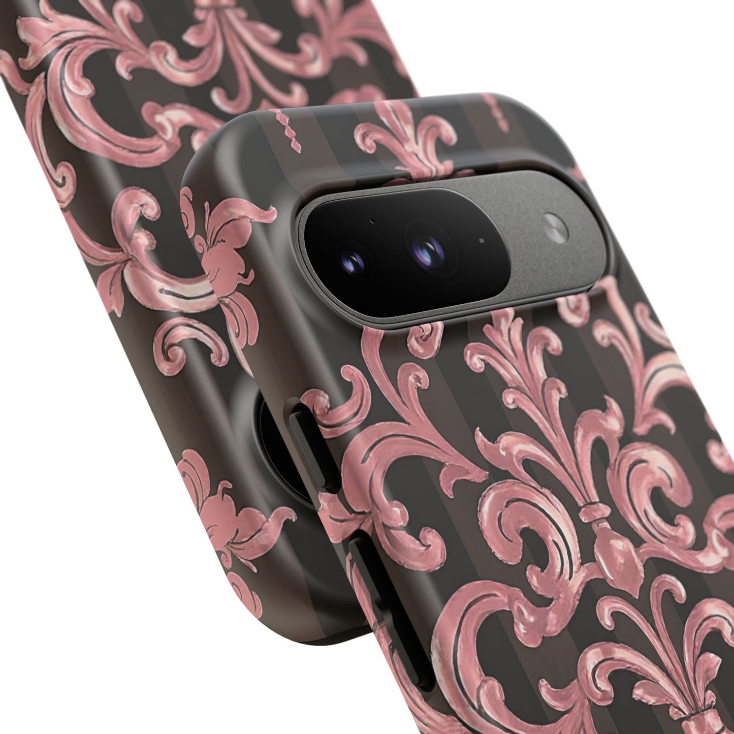 Elegant Floral Motif Phone Case - Tough Cases with Vintage Design - Brown Striped Mauve Damask