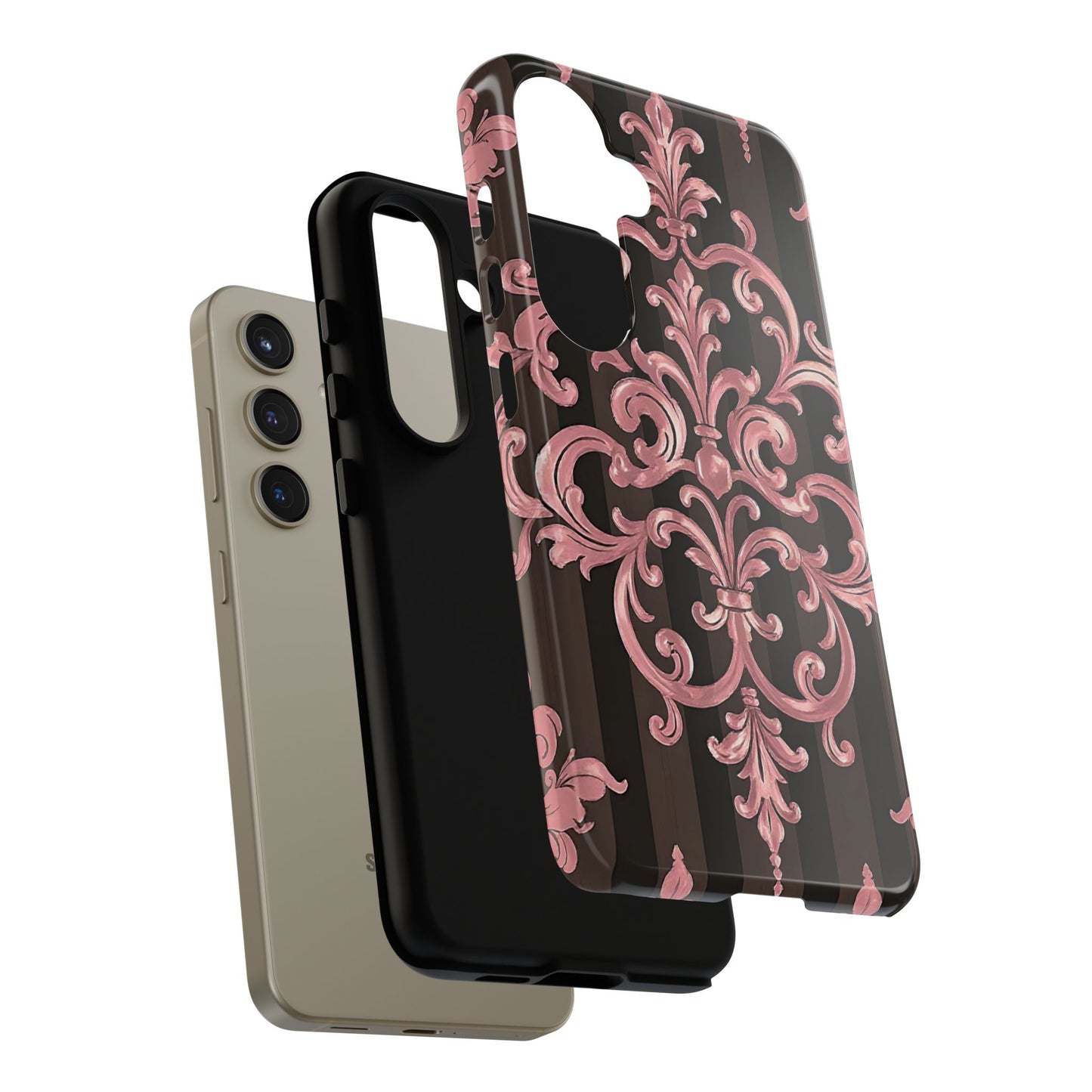 Elegant Floral Motif Phone Case - Tough Cases with Vintage Design - Brown Striped Mauve Damask