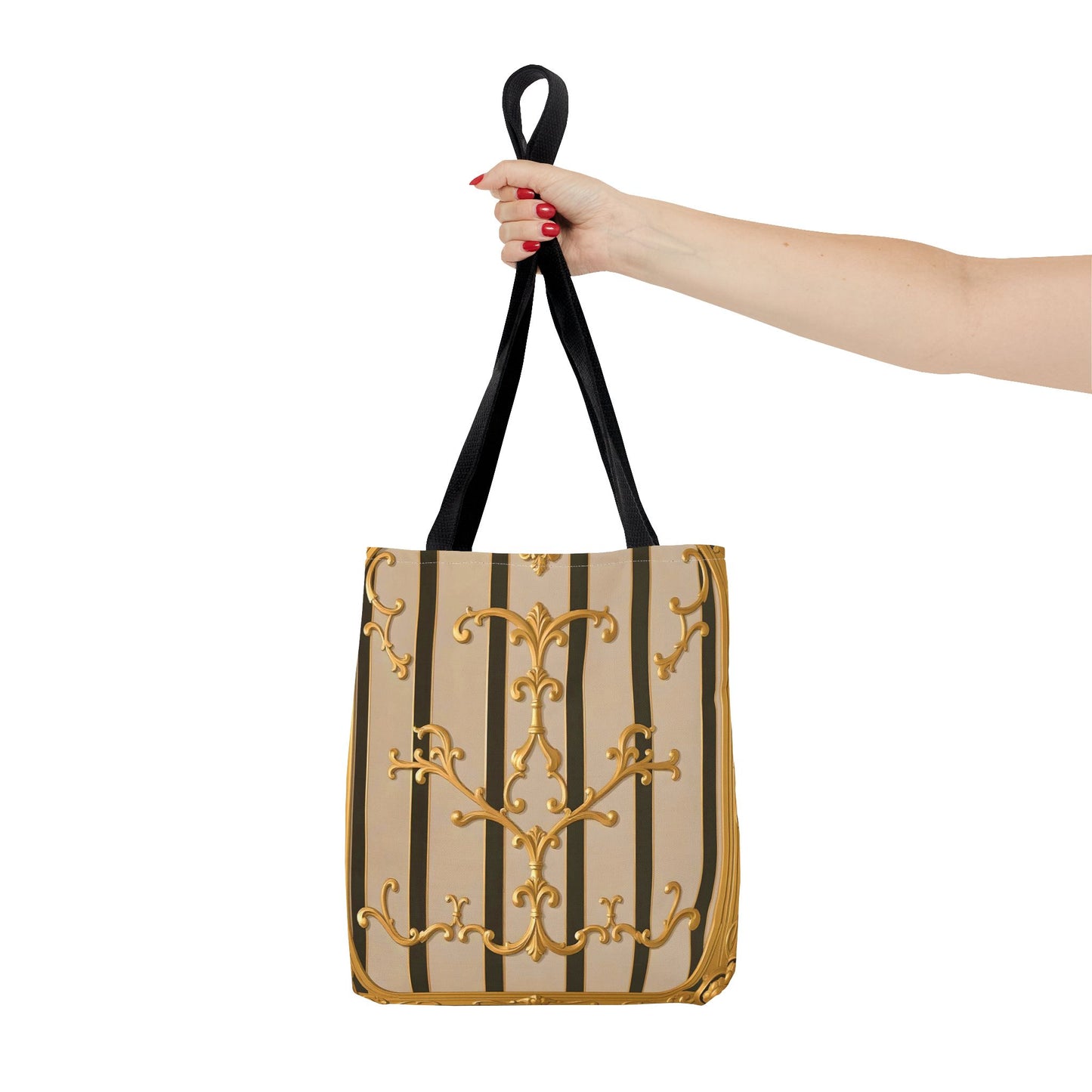 Elegant Gold Pattern Tote Bag - Stylish Carryall for Everyday Use, Eco-Friendly Shopping, Gift for Her - Beige Striped Gold Rococo