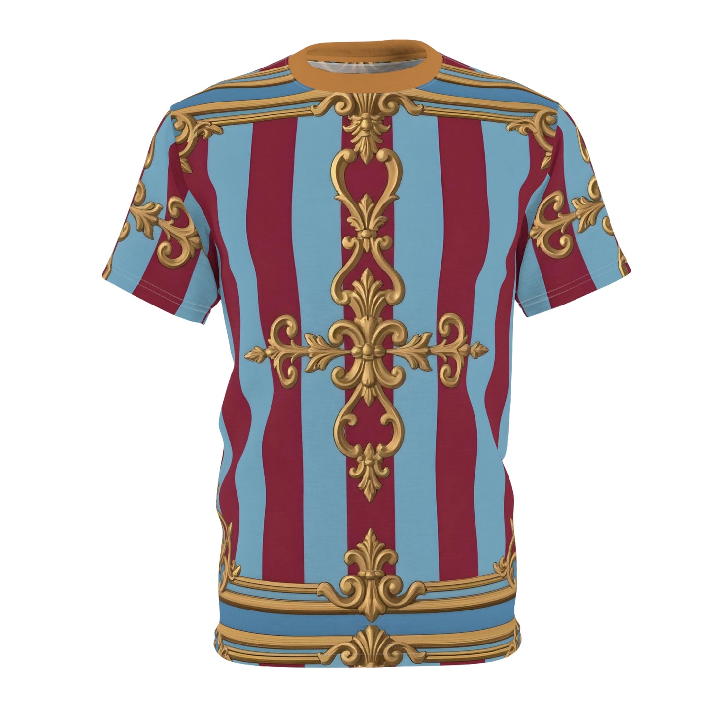 Vintage-Inspired Unisex Tee, Bold Graphic T-Shirt, Unique Casual Wear, Festival Outfit, Trendy Streetwear - Sky Blue & Maroon Striped Baroque