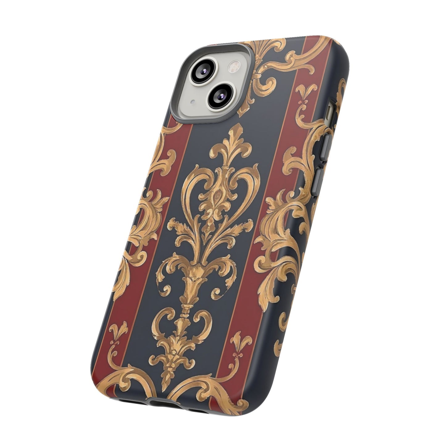 Elegant Floral Motif Phone Case - Tough Cases with Vintage Design - Midnight Blue & Dusk Red Striped Gold Damask