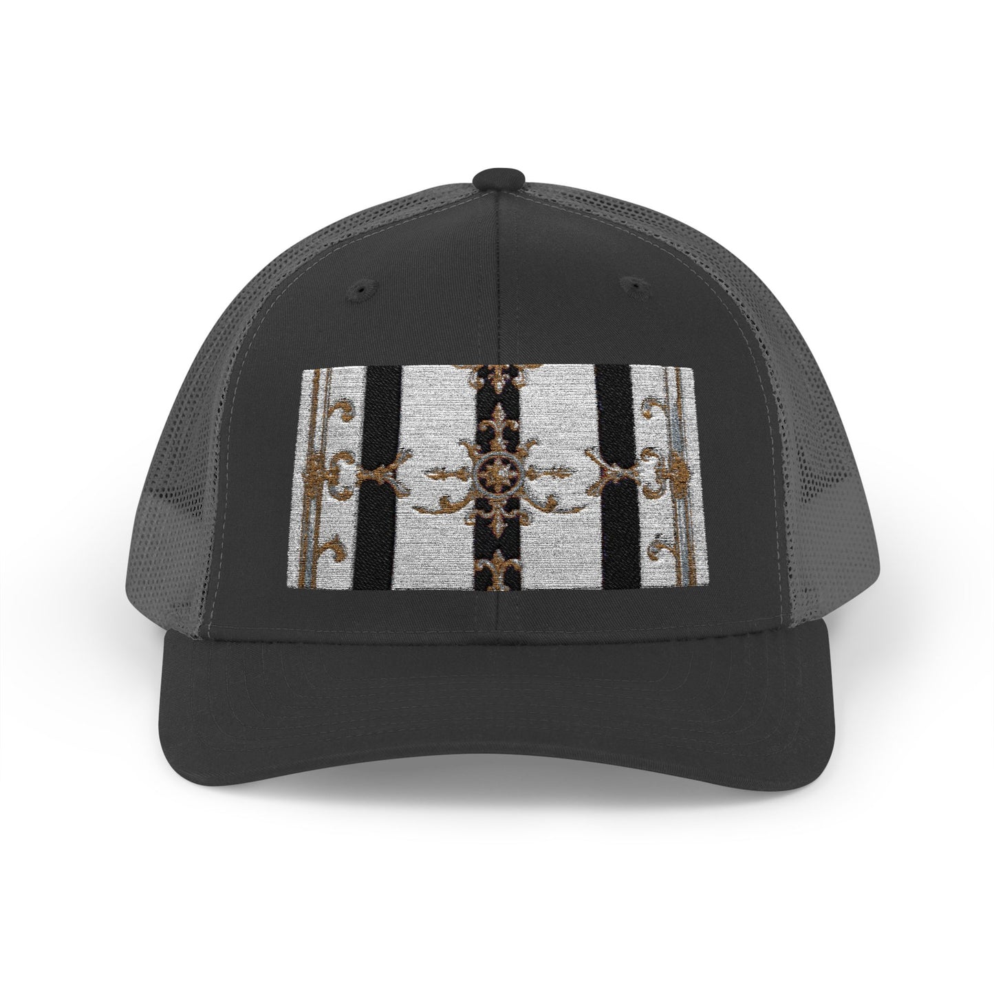 Trendy Snapback Trucker Cap, Casual Fashion Hat, Summer Accessory, Gift Idea for Cool Teens, Outdoor Activities - Black & White Striped Gold Baroque