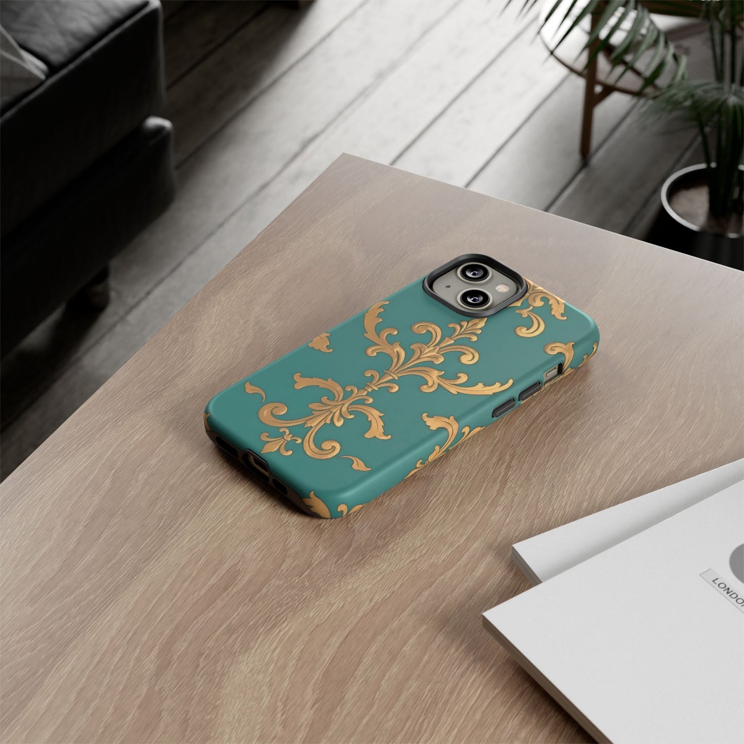 Elegant Floral Motif Phone Case - Tough Cases with Vintage Design - Aqua & Gold Damask
