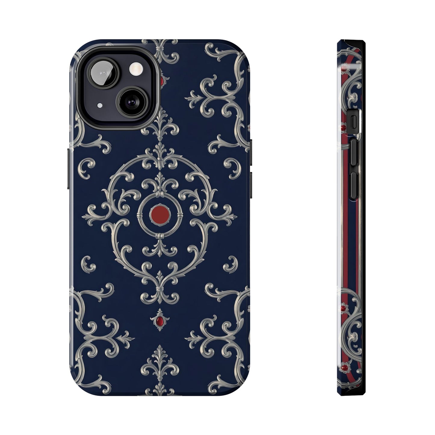 Elegant Patterned Tough Phone Cases for Stylish Protection, Gift for Her, Unique Accessories - Blue & Red Striped Silver Baroque