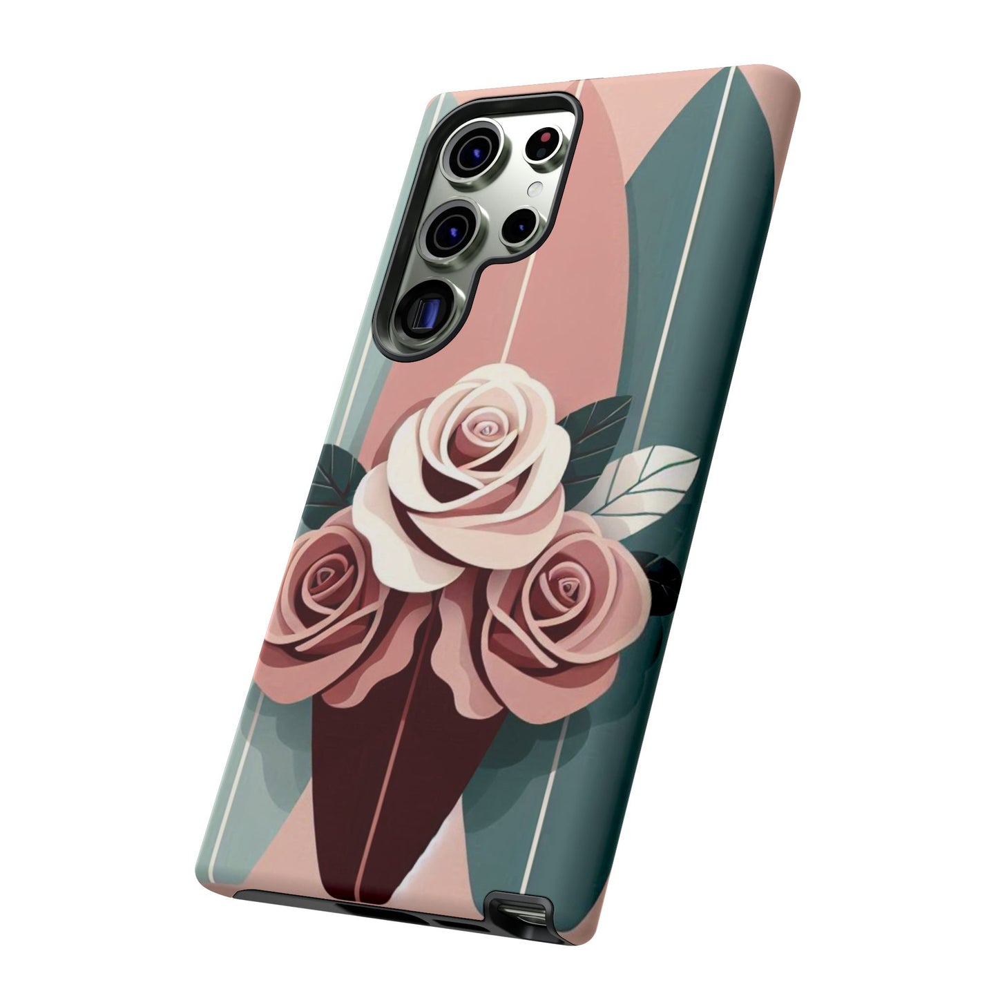 Phone Case - Burgundy, Matte Mauve & Teal Surfboard & Roses Design