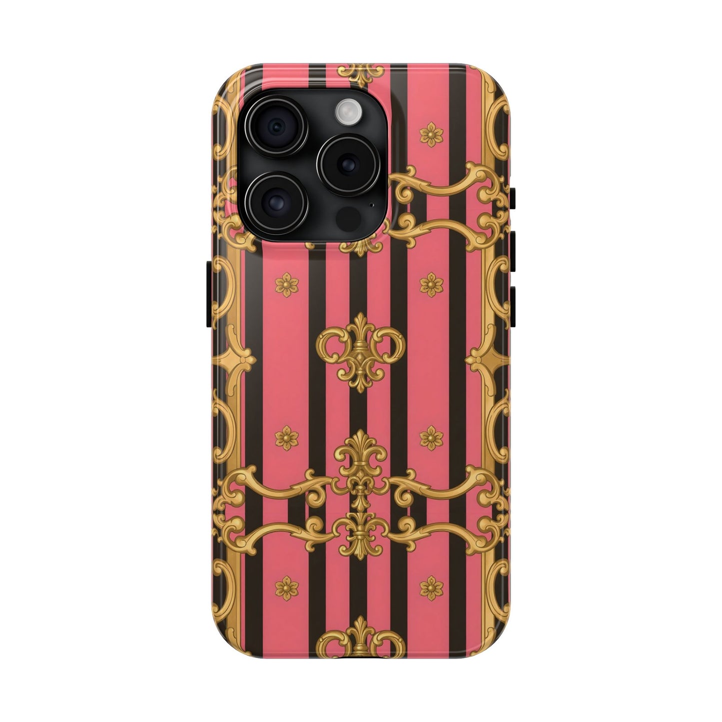 Elegant Baroque Tough Phone Cases, Stylish Protection, Gift for Her, Trendy Accessory - Pink & Black Striped Gold Baroque