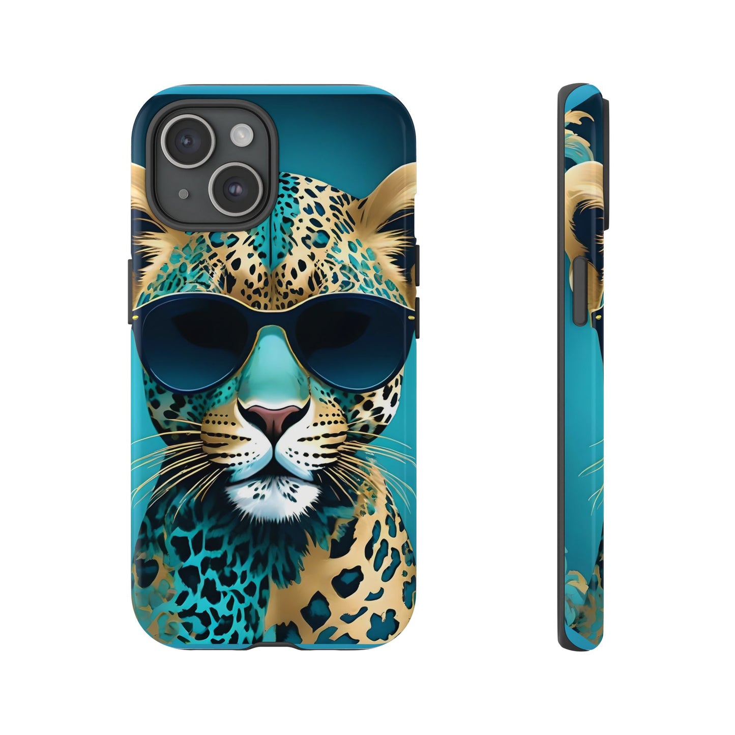 Phone Case - Aqua & Gold Leopard In Sunglasses Design