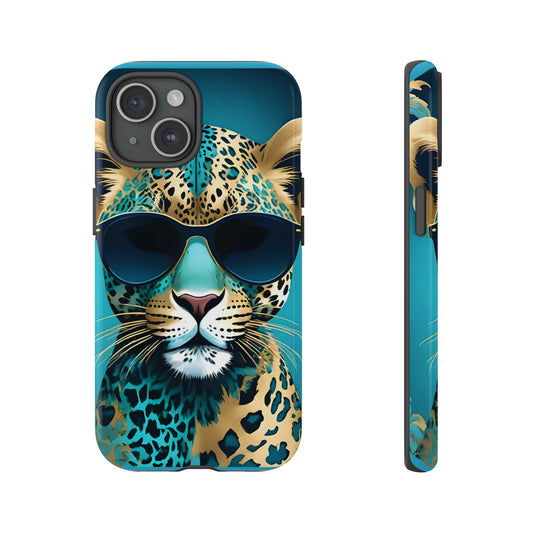 Phone Case - Aqua & Gold Leopard In Sunglasses Design