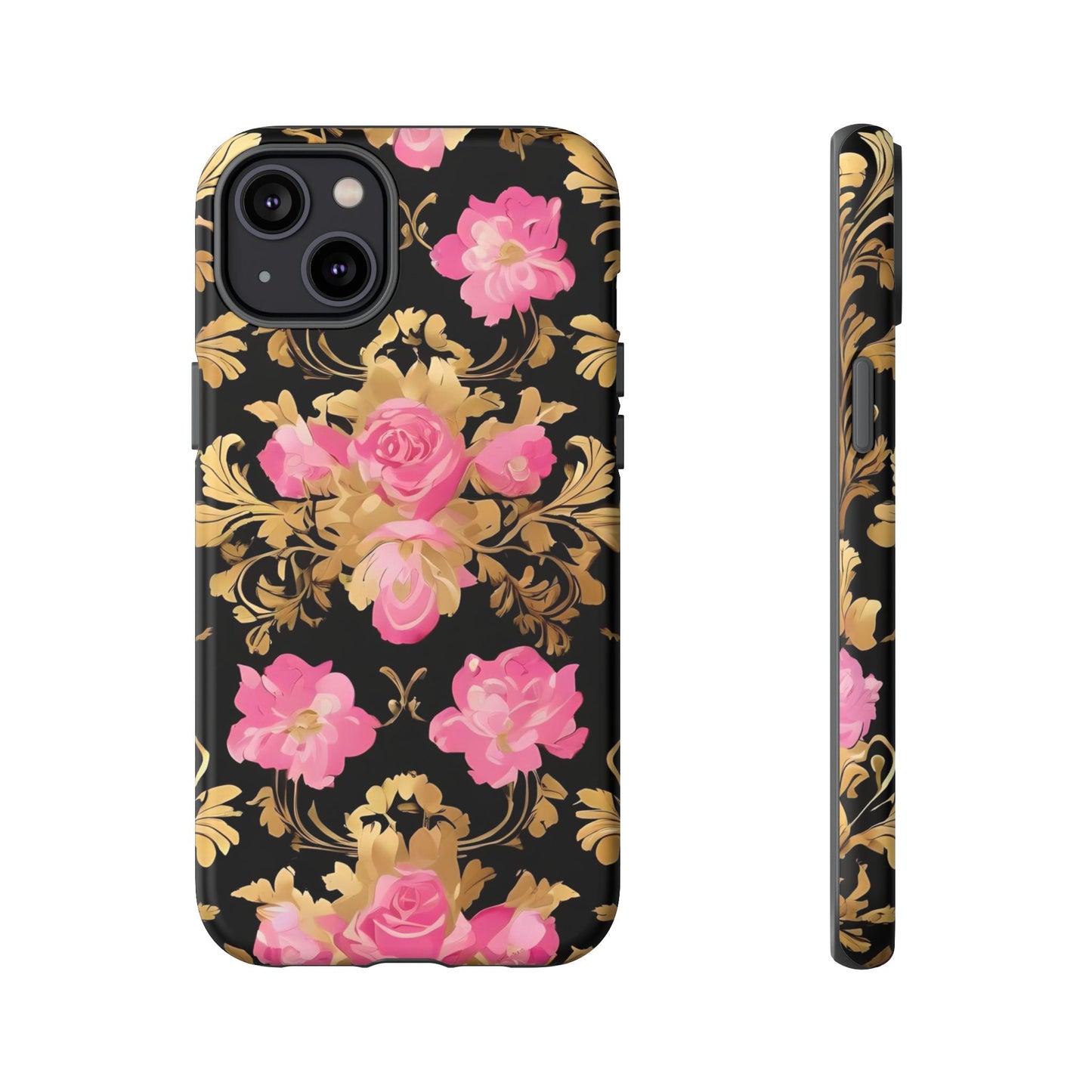 Elegant Floral Motif Phone Case - Tough Cases with Vintage Design - Pink & Gold Roses