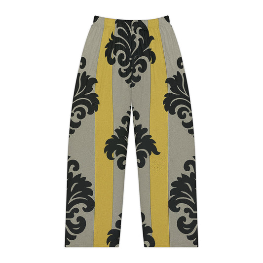 Chic Women's Pajama Pants, Elegant Loungewear, Cozy Relaxation, Sleepwear Gift, Home Comfort Pants - Silver & Gold Striped Black Baroque