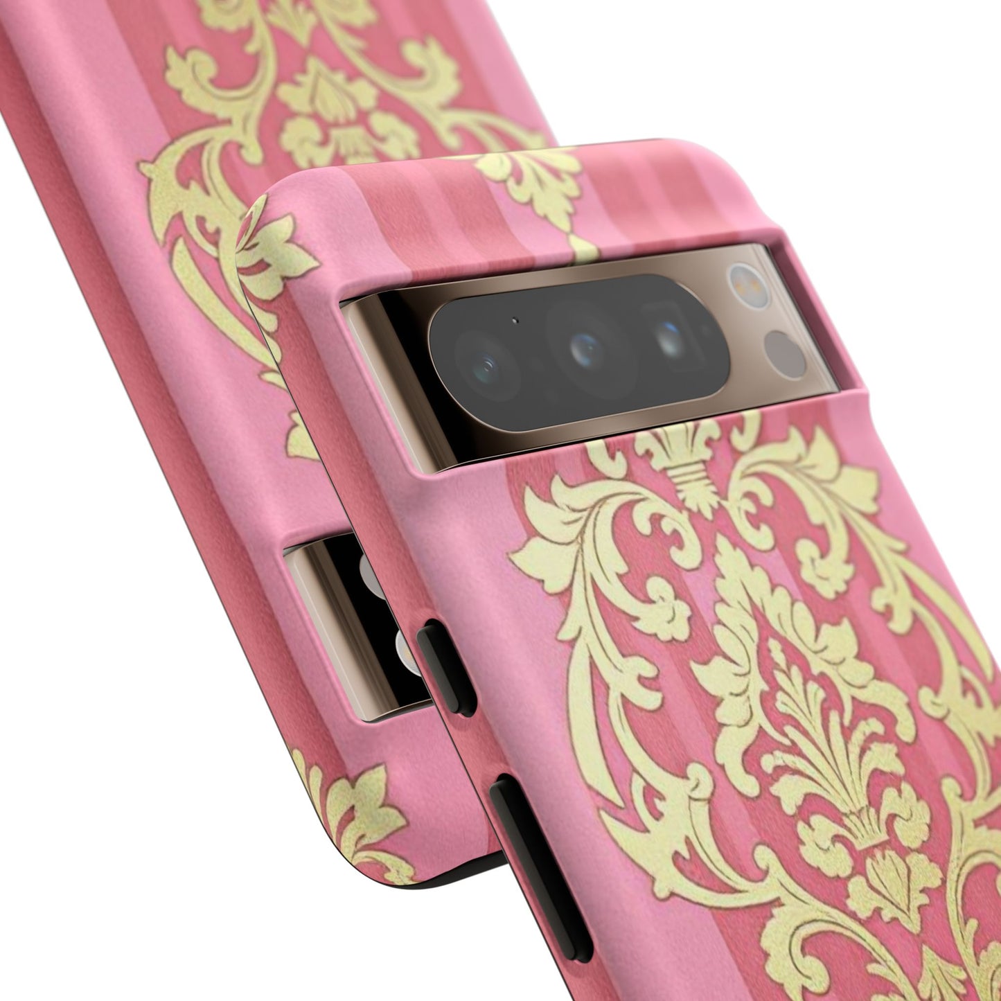 Elegant Floral Motif Phone Case - Tough Cases with Vintage Design - Pink Striped Damask
