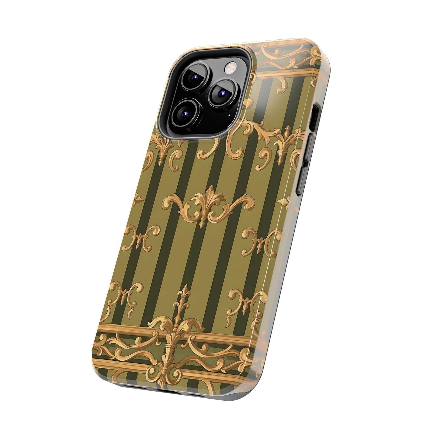 Elegant Vintage Phone Case - Tough Protection with Classy Design, Stylish Phone Cover for Fashion Lovers - Olive Green Striped Rococo