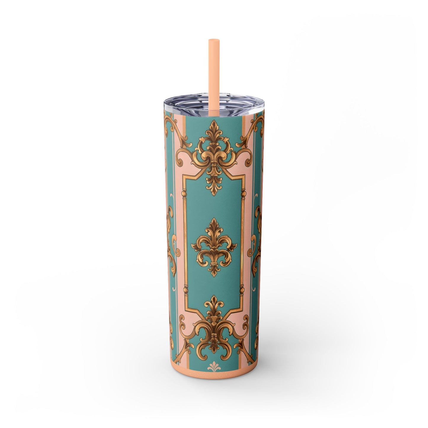 Elegant Floral Skinny Tumbler, 20oz Travel Mug, Stylish Drinkware, Perfect Gift for Her, Vintage Inspired - Pink & Matte Turquoise Striped Rococo