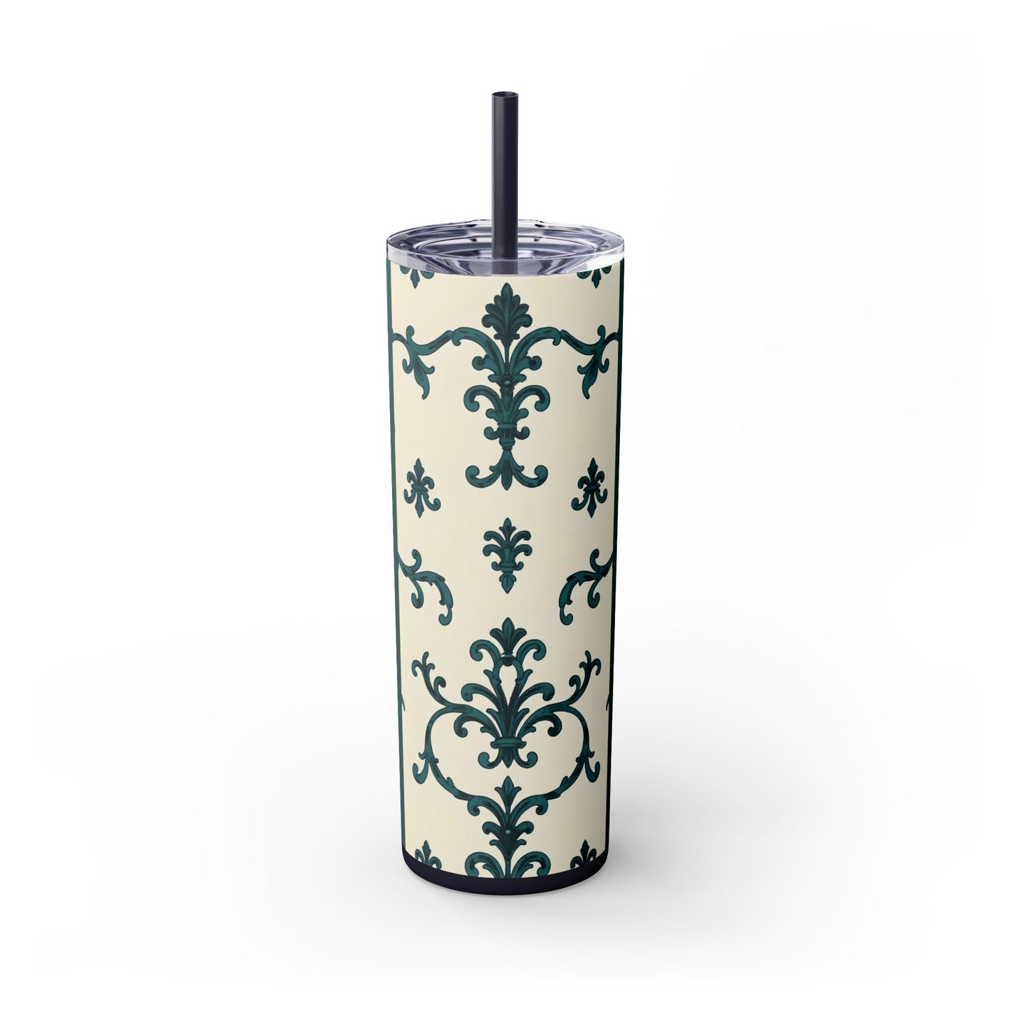 Elegant Floral Skinny Tumbler, 20oz - Stylish Travel Mug for Home, Coffee Lover Gift, Eco-Friendly Drinkware, Party Favor - Teal Striped Rococo