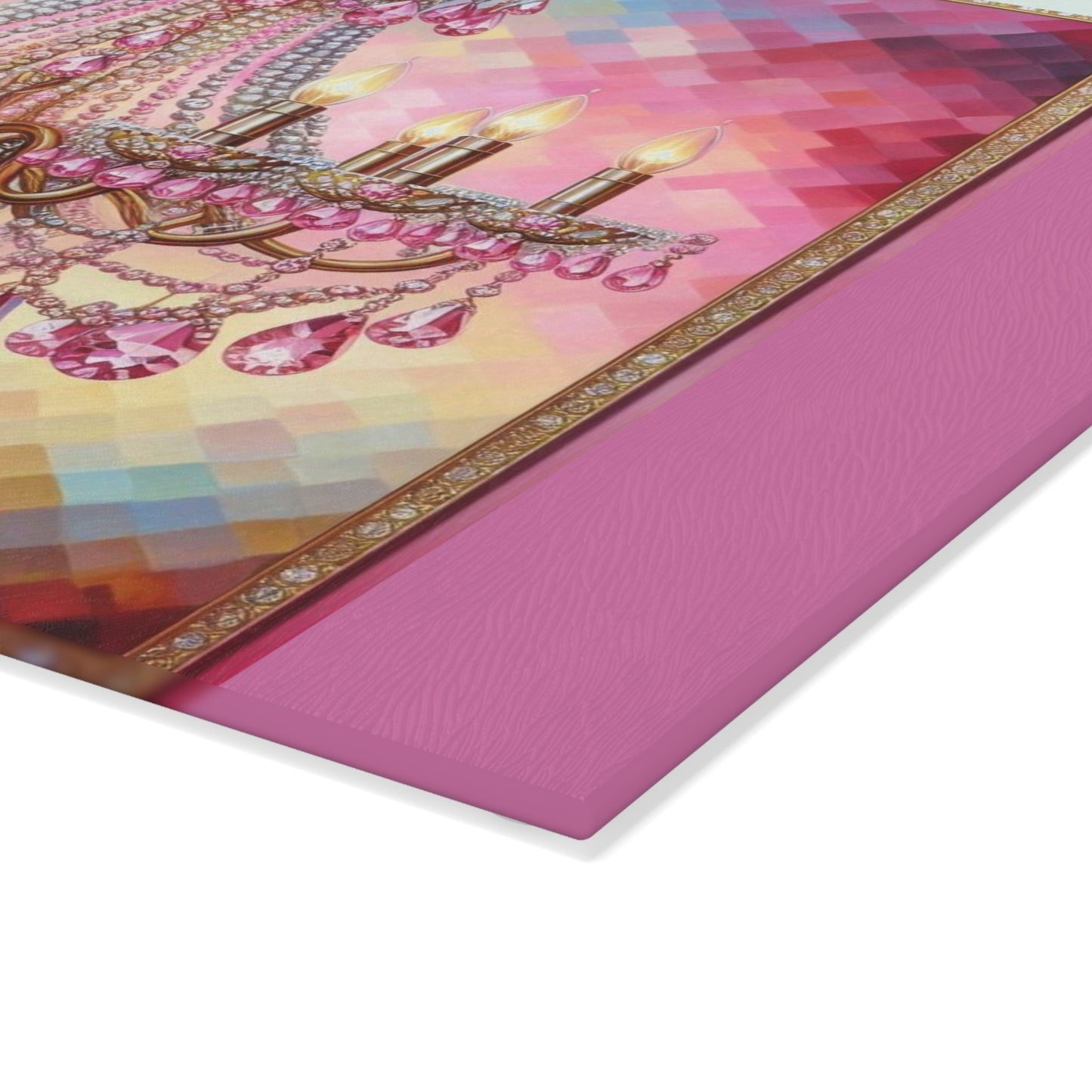 Chic Glass Cutting Board with Elegant Chandelier Design - Kitchen Decor for Entertaining, Housewarming Gift, Wedding - Pink Jeweled Chandelier