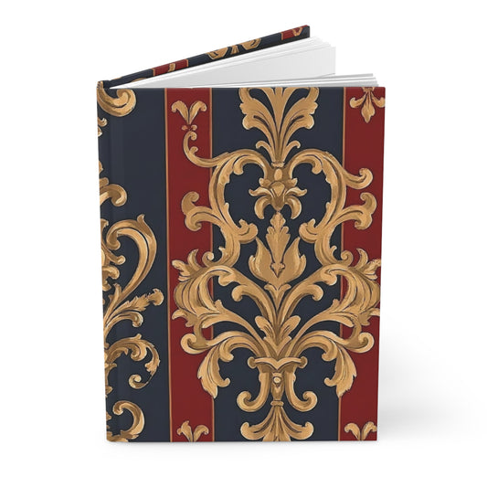 Elegant Floral Motif Hardcover Journal - Stylish Writing Notebook - Midnight Blue & Dusk Red Striped Gold Damask