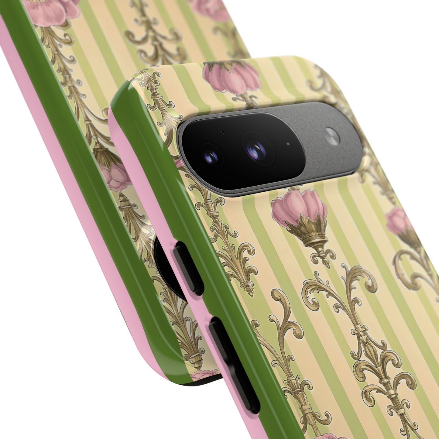 Elegant Floral Motif Phone Case - Tough Cases with Vintage Design - Lime Green & Pink Striped Damask