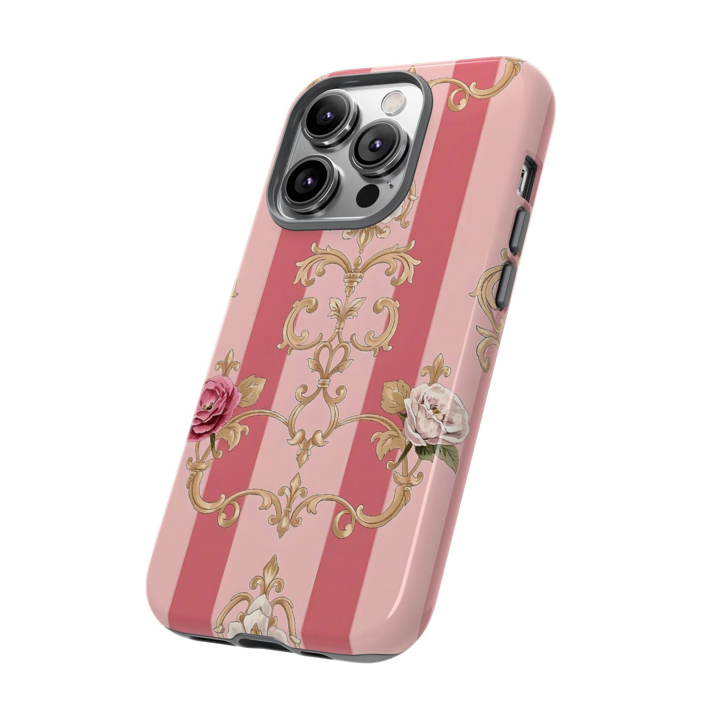 Elegant Floral Motif Phone Case - Tough Cases with Vintage Design - Pink Striped Roses & Damask