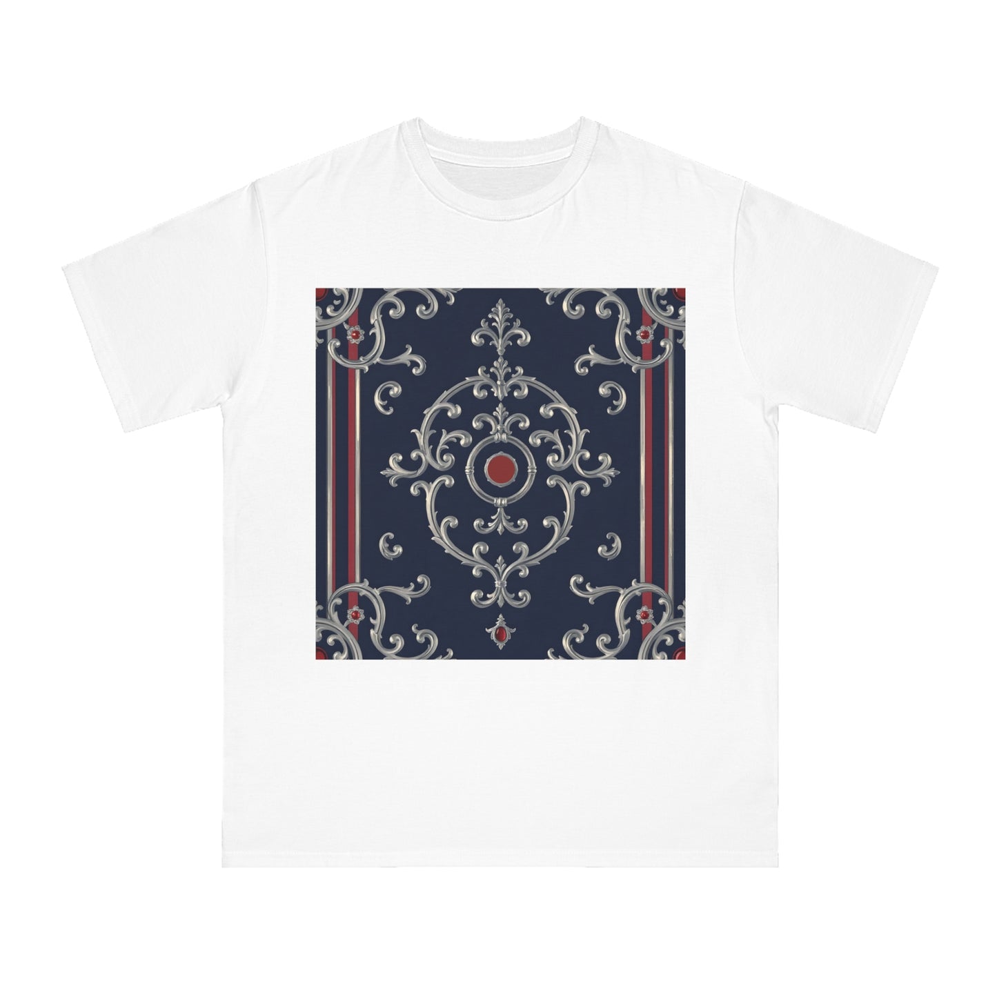 Vintage Pattern Organic Unisex T-Shirt | Baroque Style Tee, Casual Wear, Unique Gift, Eco-Friendly Fashion - Blue & Red Striped Silver Baroque