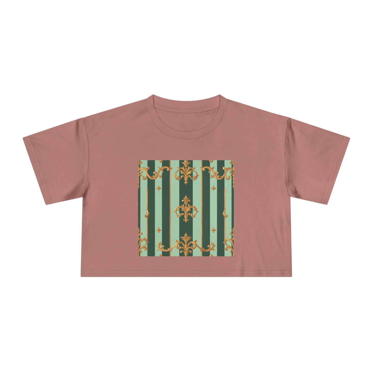 Chic Women's Crop Tee with Elegant Patterns, Fashion Top, Summer Style, Trendy Outfit, Gift for Her - Mint Green & Teal Striped Gold Baroque