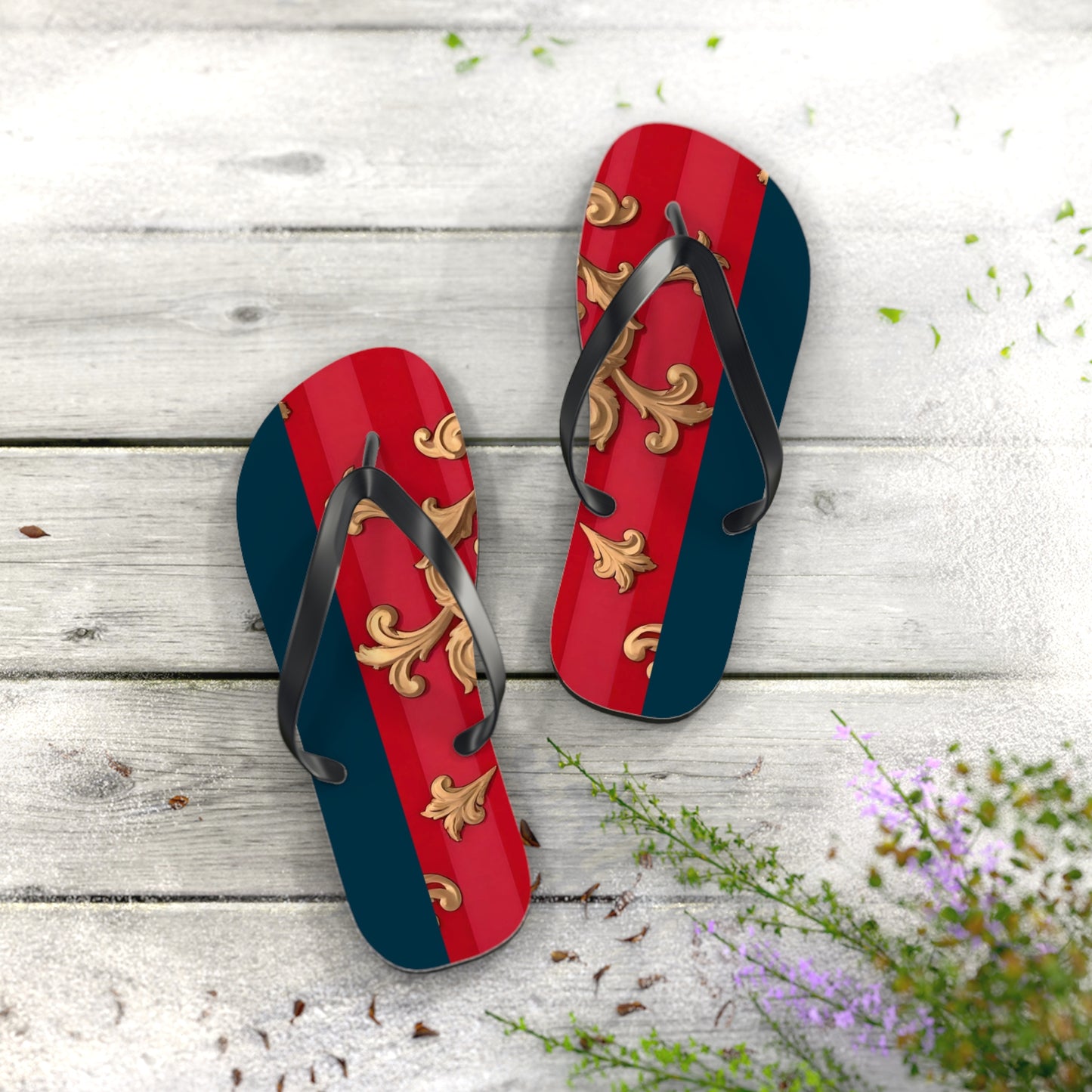 Stylish Flip Flops for Summer Fun, Beach Footwear, Vacation Sandals, Poolside Flip Flops, Casual Summer Shoes - Blue & Red Striped Baroque