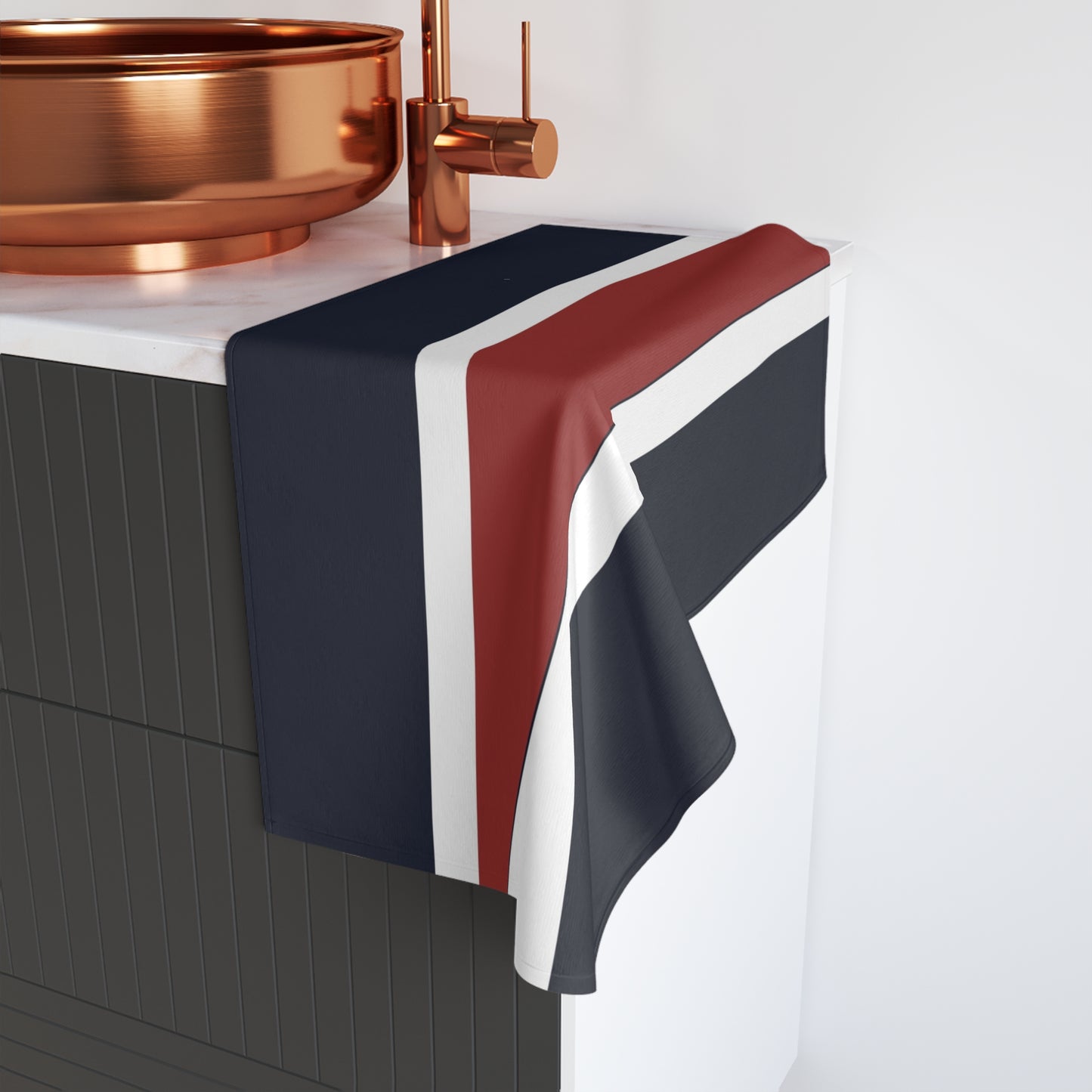 Lunar Midnight & Red-White Striped Stylish Striped Hand Towel, Modern Bathroom Decor, Kitchen Towel Gift, Eco-Friendly Linen, Unique Home Essentials, Nautical Vibe