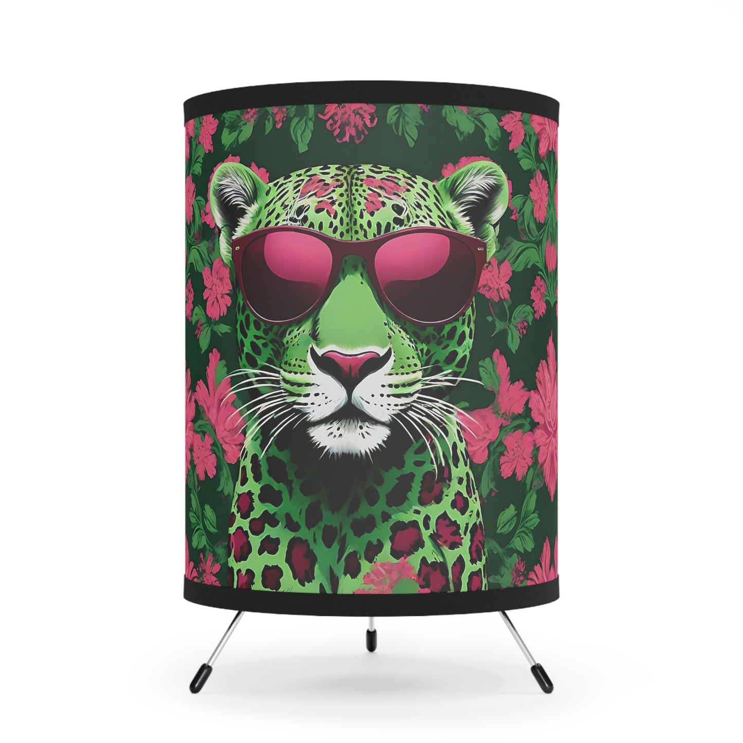 Tripod Lamp - Elegant Vintage Floral Print Home Accent - Lime Green & Burgundy Leopard In Sunglasses Design