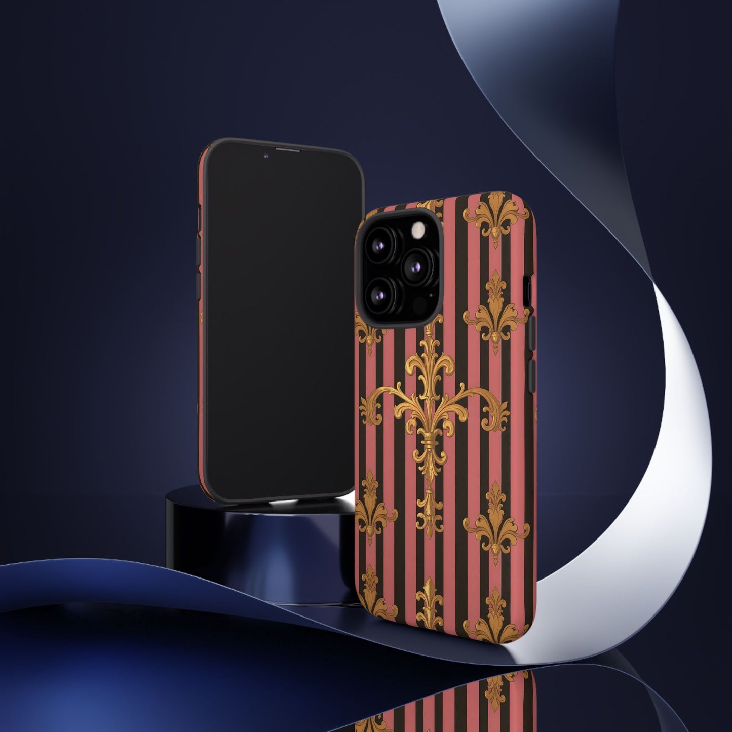 Elegant Floral Motif Phone Case - Tough Cases with Vintage Design - Mauve Striped Gold Damask