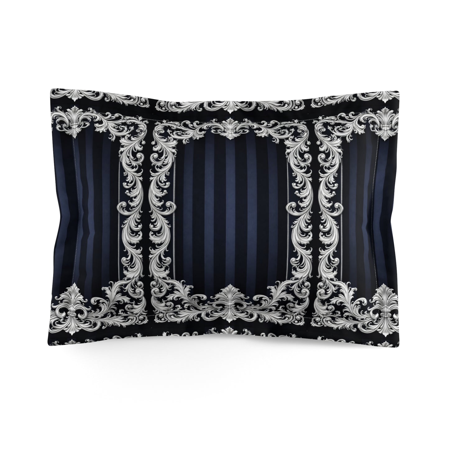Navy Stripes & Baroque Pillow Sham – Ornate Silver Scroll Decorative Pillowcase