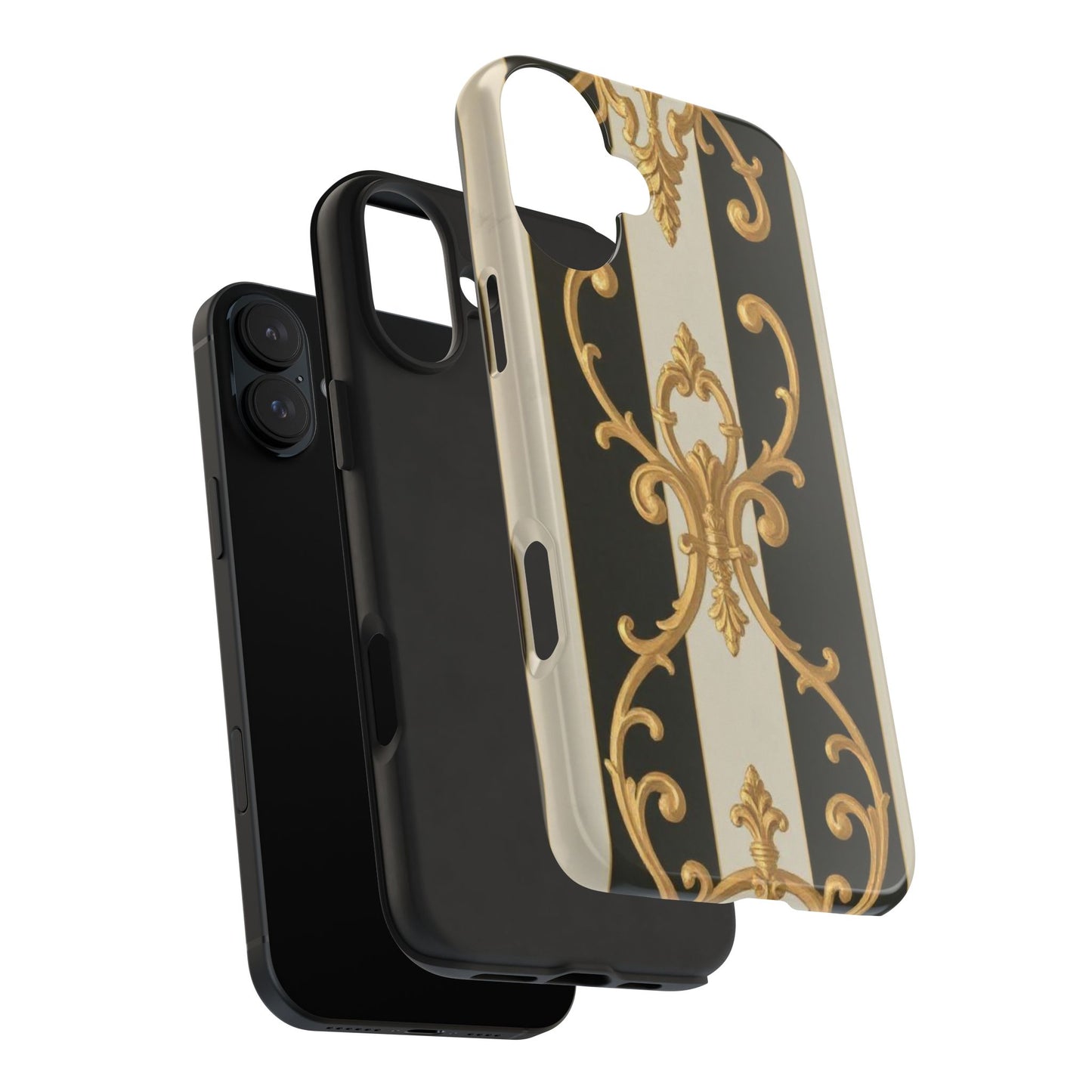 Elegant Black & Alabaster Striped Baroque Tough Phone Cases - Chic Protection, Black Gold Decor, Stylish Accessory, Gift for Her, Trendy Tech