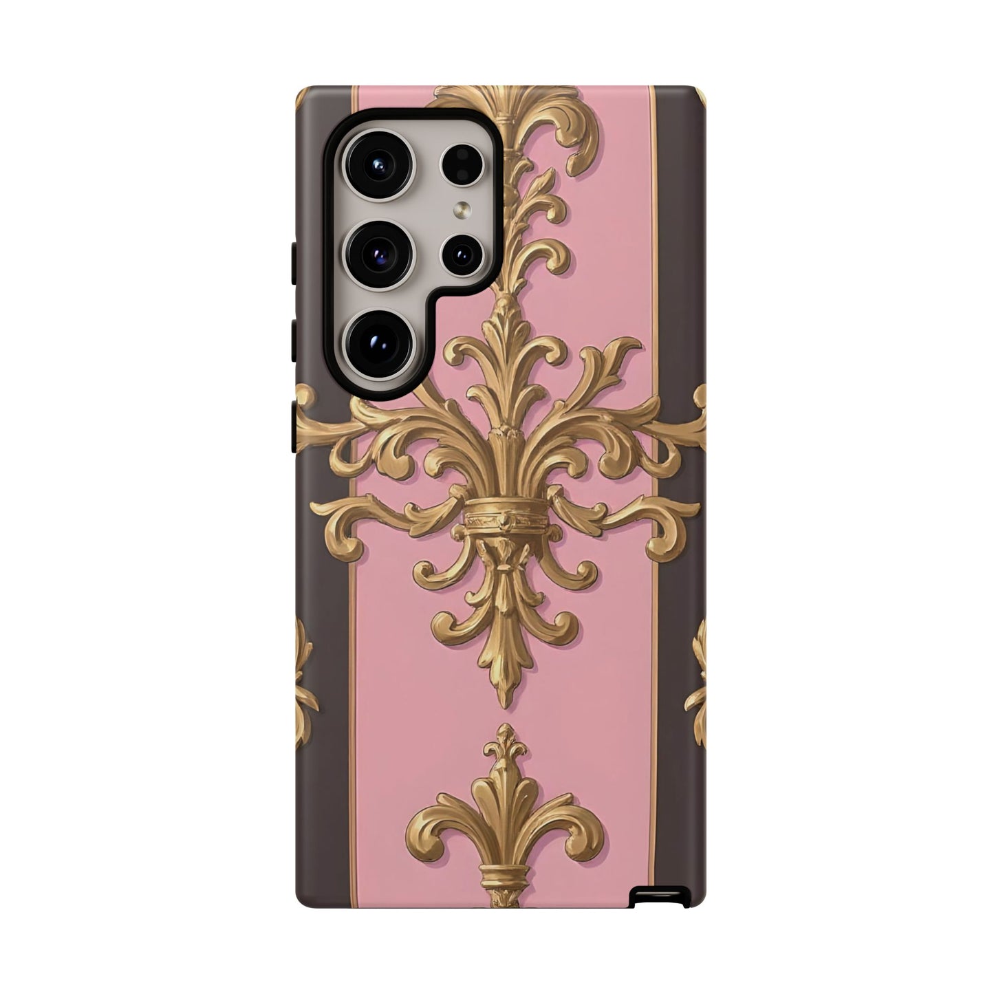 Elegant Floral Motif Phone Case - Tough Cases with Vintage Design - Pink & Brown Striped Gold Damask
