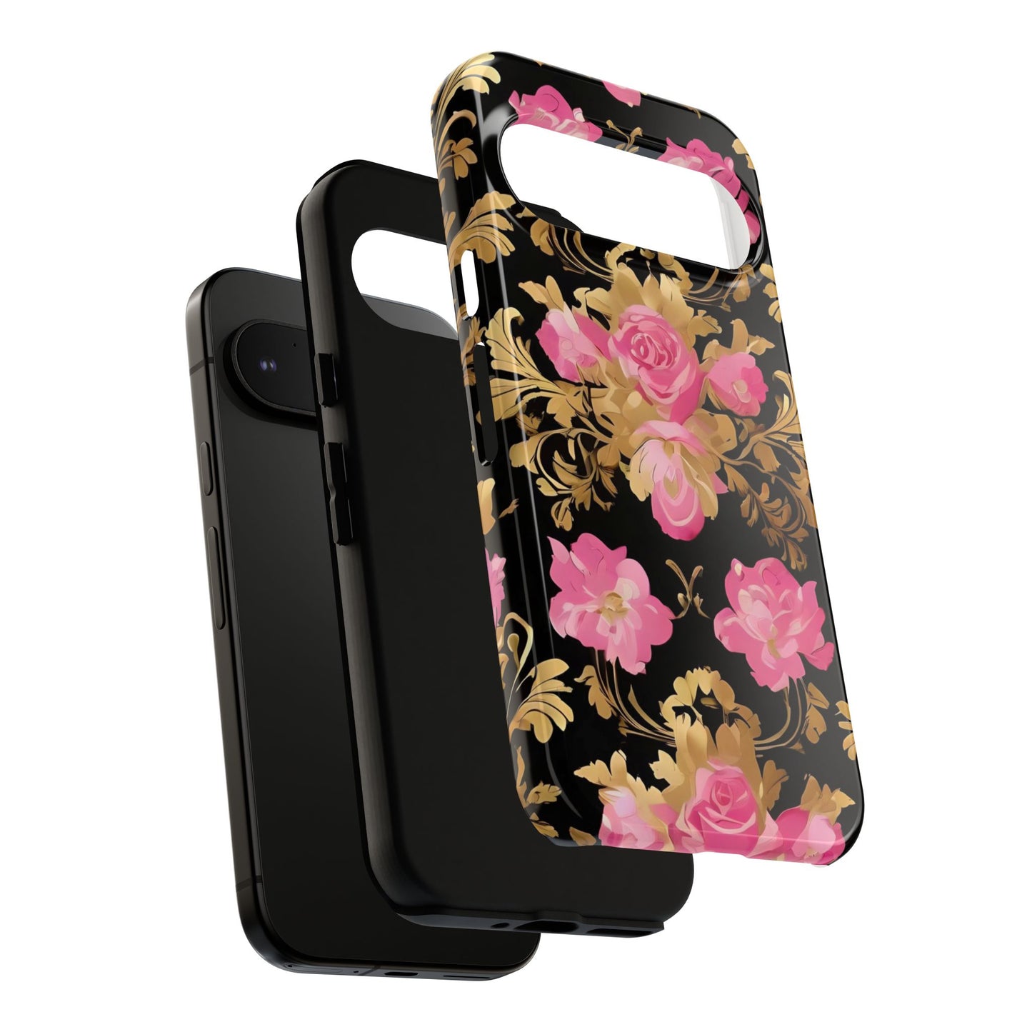 Elegant Floral Motif Phone Case - Tough Cases with Vintage Design - Pink & Gold Roses