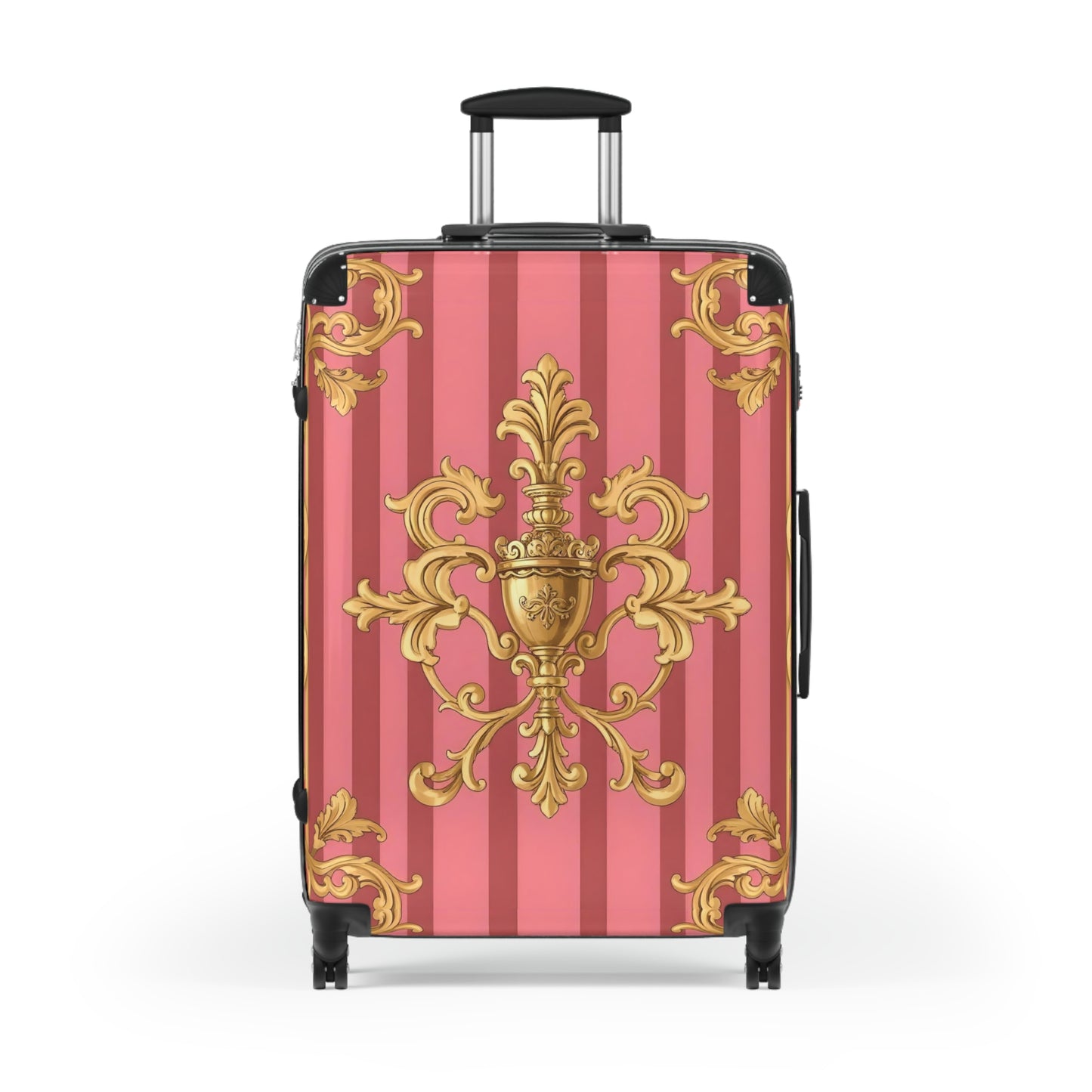 Elegant Pink Ornate Suitcase, Stylish Travel Luggage, Chic Carry-On, Unique Gift for Travelers - Pink Striped Gold Baroque