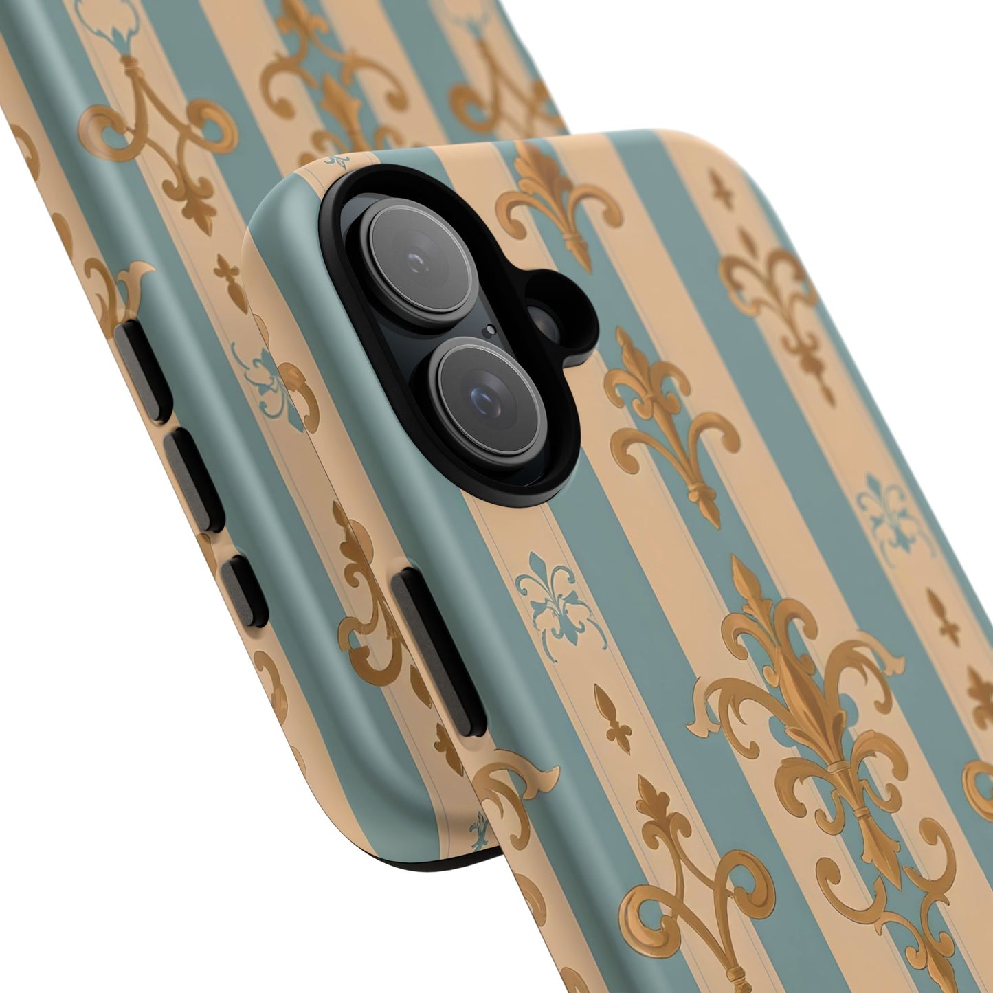 Elegant Floral Motif Phone Case - Tough Cases with Vintage Design -  Beige & Sky Blue Striped Gold Damask