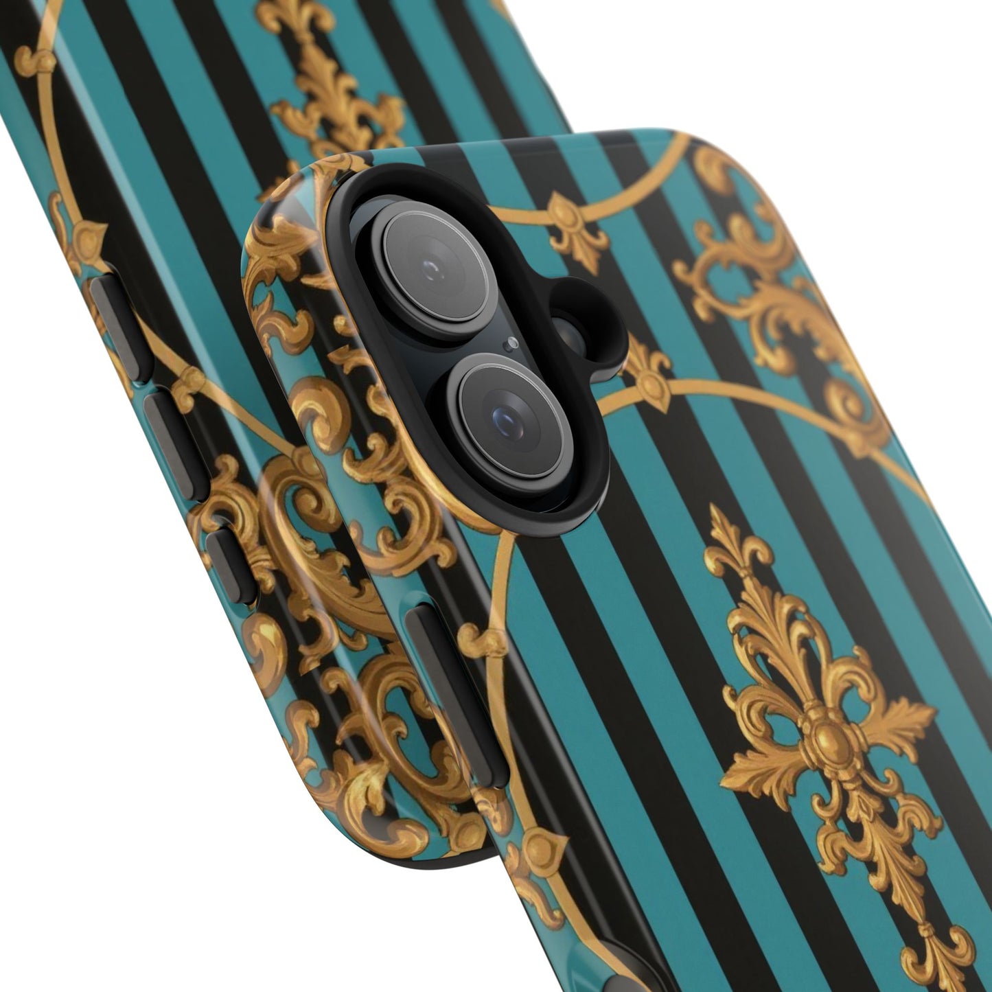 Elegant Turquoise & Black Striped Gold Baroque Phone Case, Tough Phone Cases for Fashion Lovers, Gift for Her, Luxury Accessories