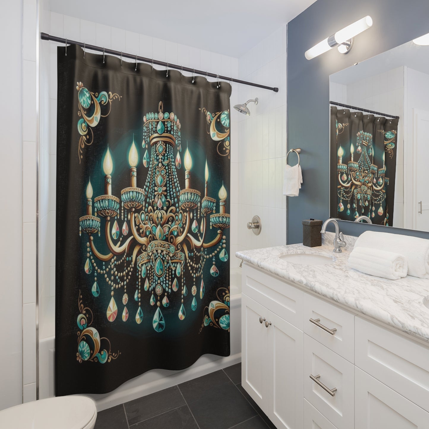 Glamorous Chandelier Shower Curtain, Elegant Bathroom Décor, Luxe Home Accessory - Teal Jeweled Chandelier