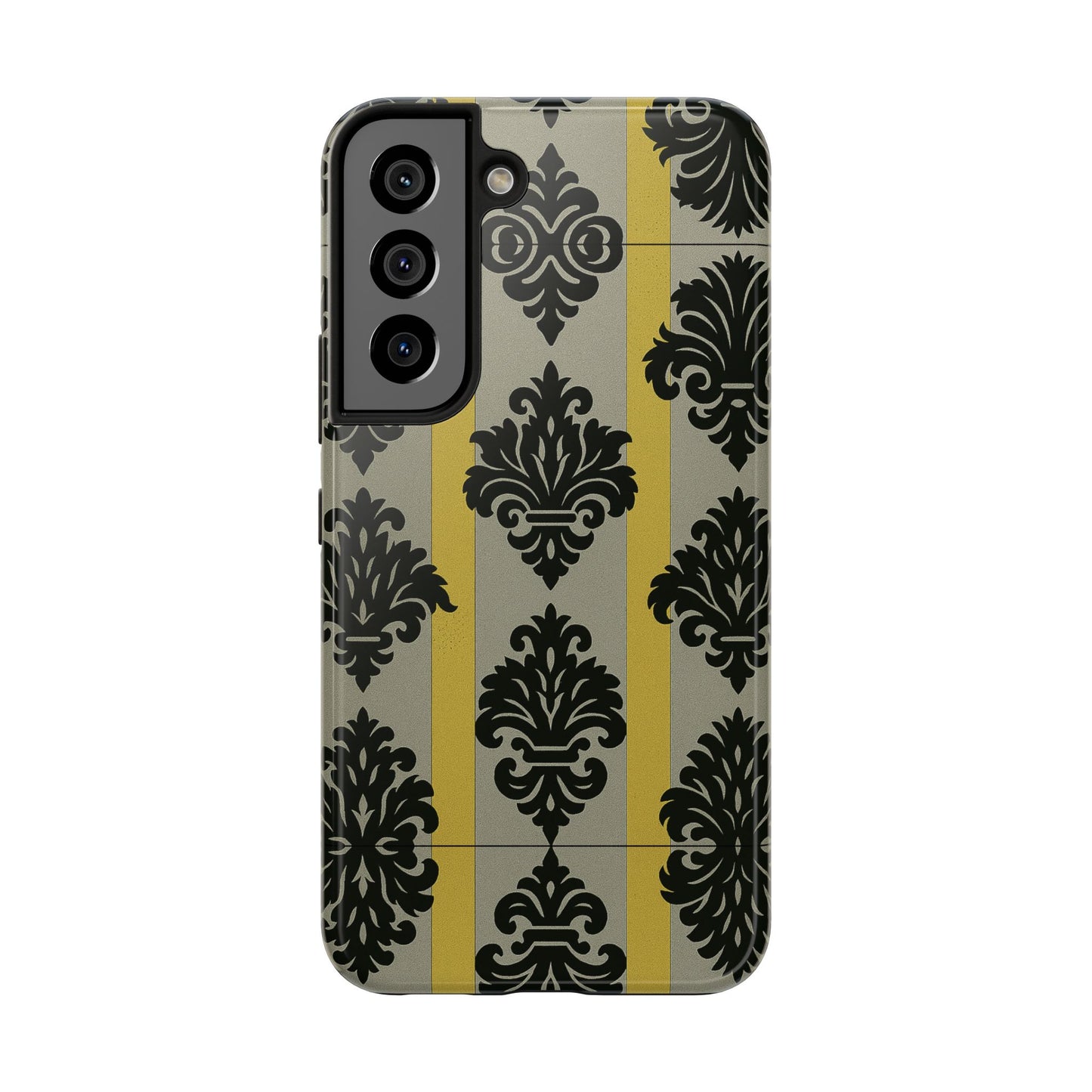 Elegant Baroque Tough Phone Cases | Chic Phone Protection | Gift for Her | Stylish Accessory | Holiday Gift Idea | Silver & Gold Striped Black Baroque