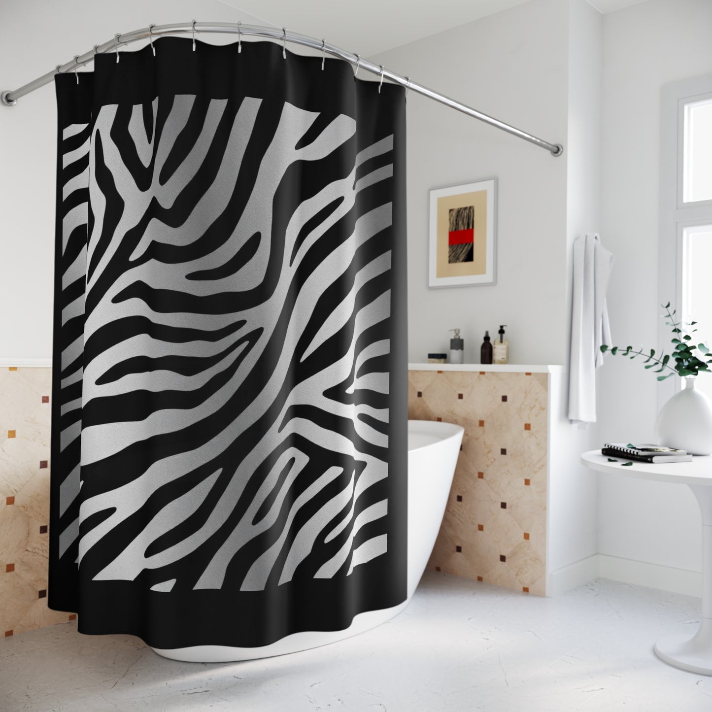 Modern Zebra Print Shower Curtain - Stylish Bathroom Decor - Black Trim